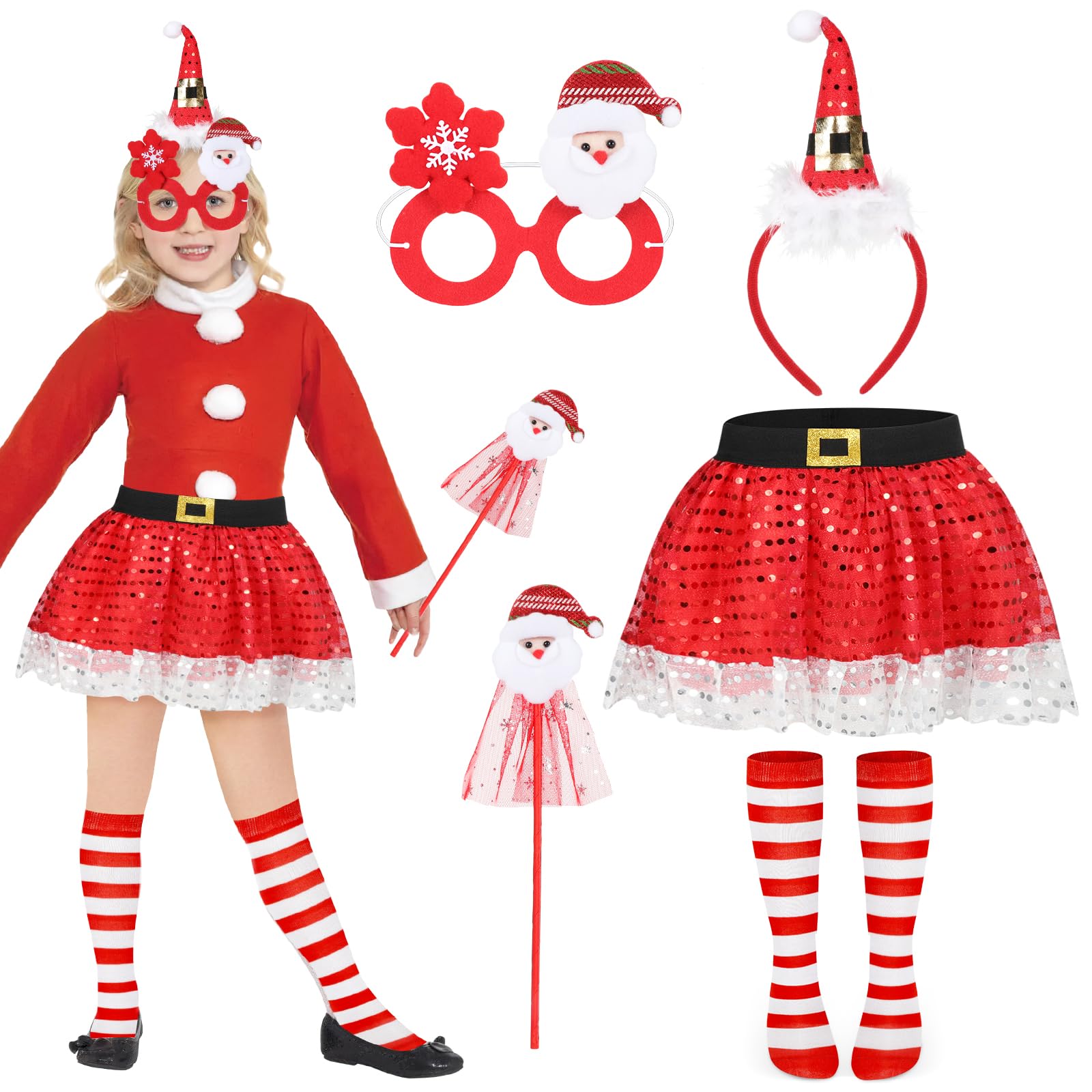 Beipegin Santa Claus Costume for Girls,Sequin Skirt and Christmas Hat Headband Facemask Wand Stockings Christmas Fancy Dress Mrs Claus Outfit for Christmas Party Dress Up Outfit