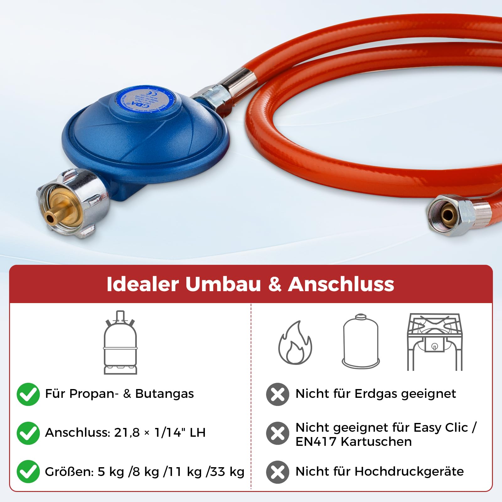 CAMPLUX GE100A Reduktor Gazu 50mbar z Wężem 80 cm, W21,8 × 1/14" LH na G1/4"-LH, Przepływ 1,7 kg/h, Regulator Gazu do Grilla Gazowego, Kuchenki i Ogrzewacza