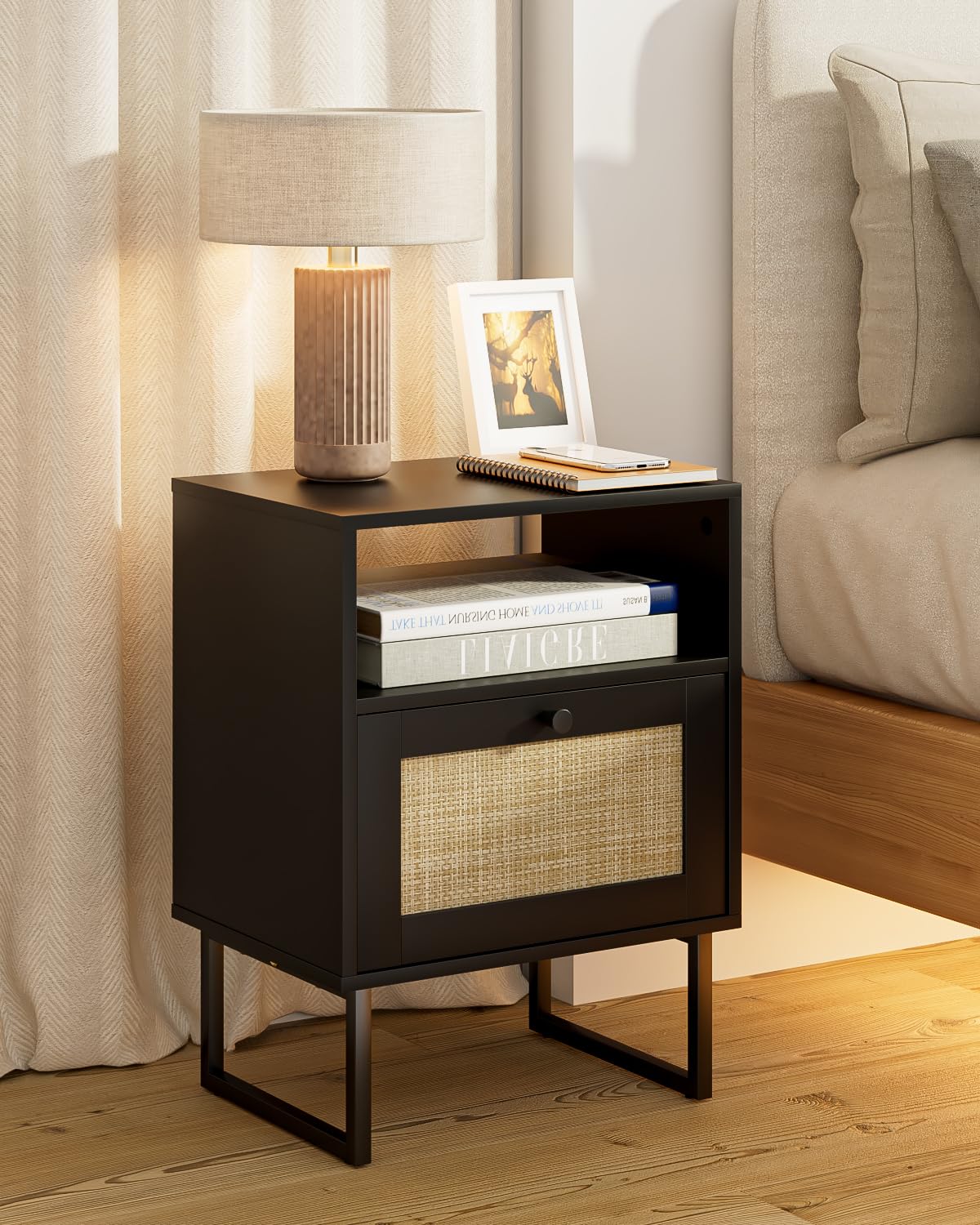 Rattan Nightstand With Drawer & Shelf | Boho Bedside Table With USB/Type-C Charging | Natural Oak Finish For Bedroom
