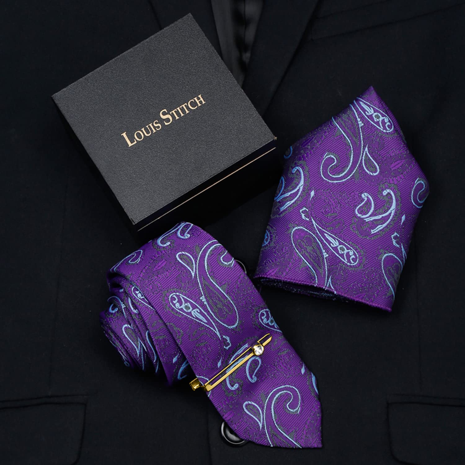 LOUIS STITCH Mens Lilac Purple Italian Style Silk Suit Necktie with Gold Tie Pin (Czech) 1
