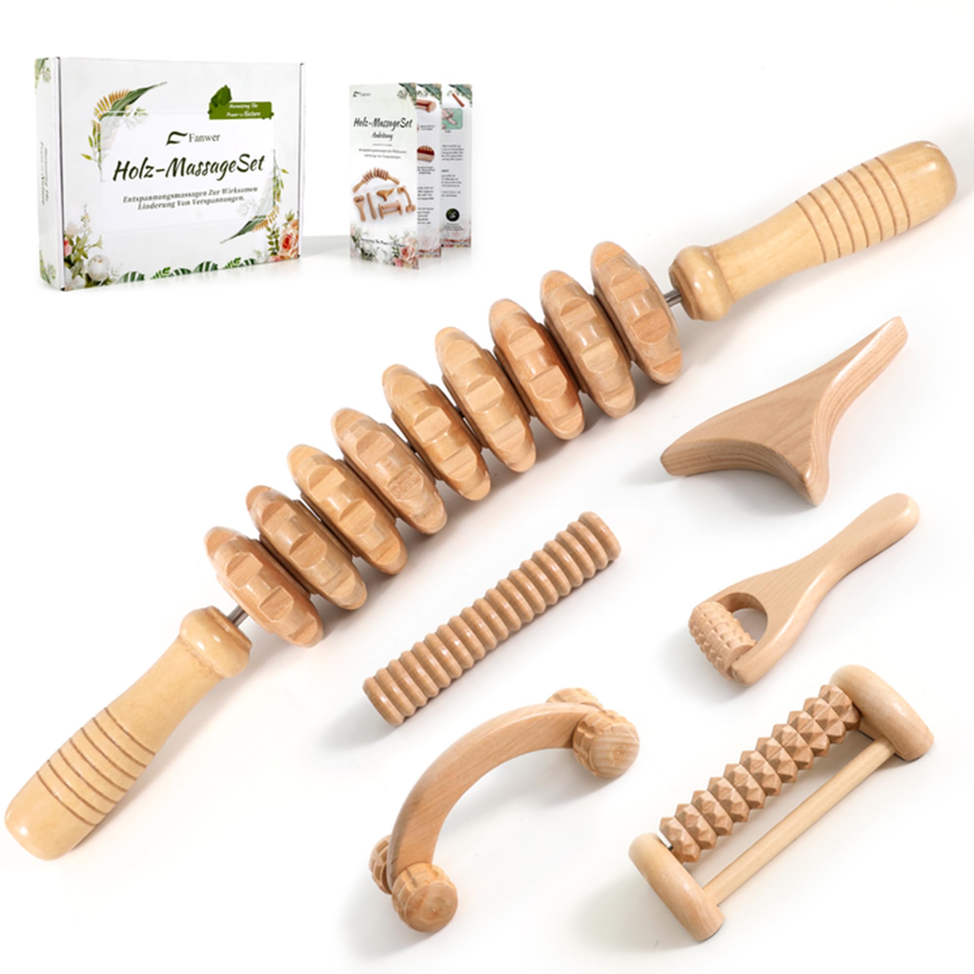 Fanwer Maderotherapie Kit 6 Pezzi Kit Maderotherapie Corpo con Guida Borsa | Rullo di massaggio per rilassamento muscolare, anti-cellulite, drenaggio linfatico