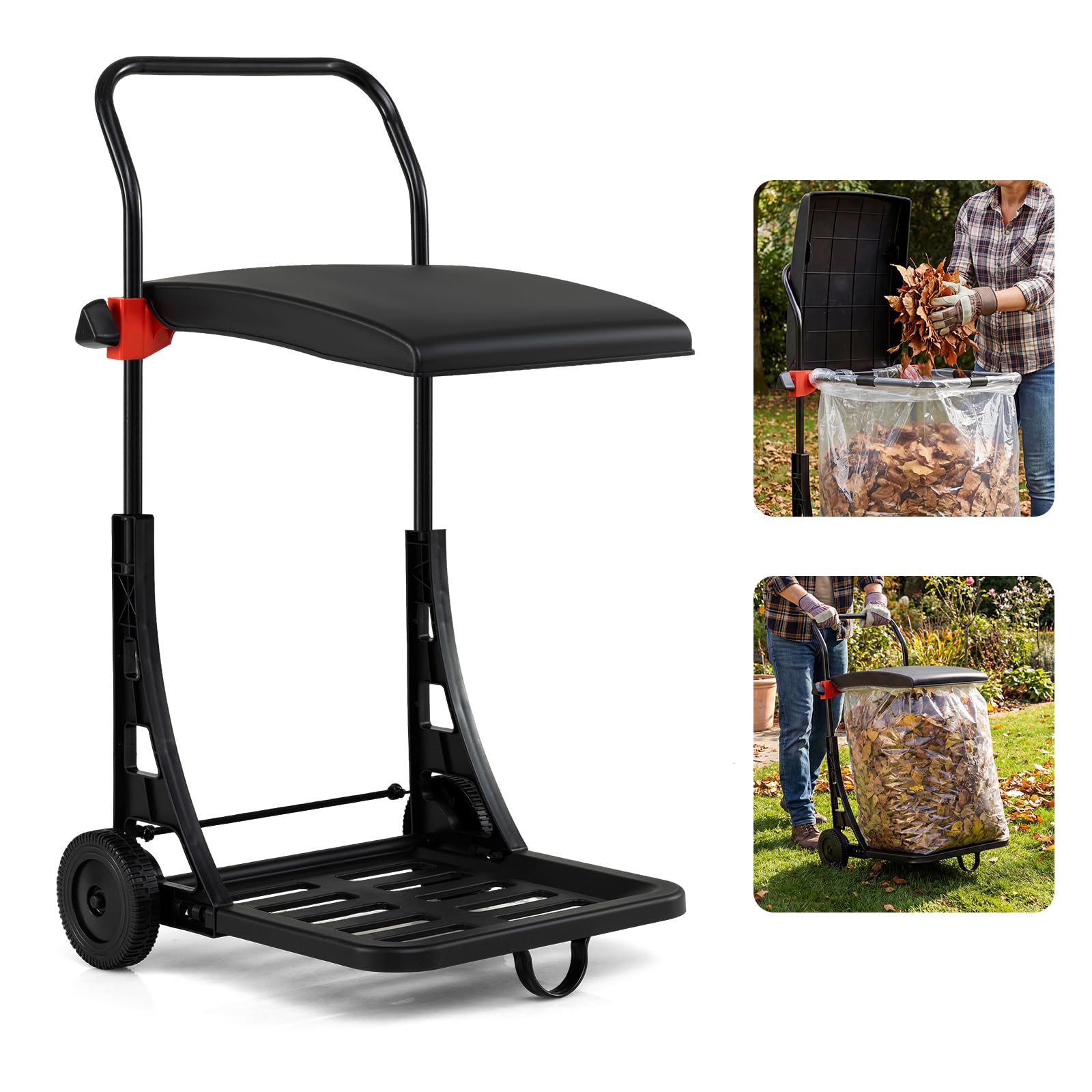 COSTWAY Rubbish Bag Cart, Garden Sack Cart with Wheels, Lid with Adjustable Height, Metal Frame, for Indoor and Outdoor, Garbage Bag Holder for Lawn, Waste