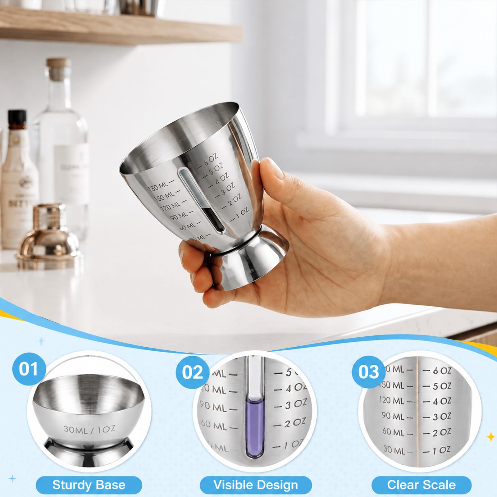 Lot de 6 doseuses à cocktail en acier inoxydable 304 avec marquages internes, 28,3 g, 170,1 g, pour bar professionnel, pour barman, maison, bar