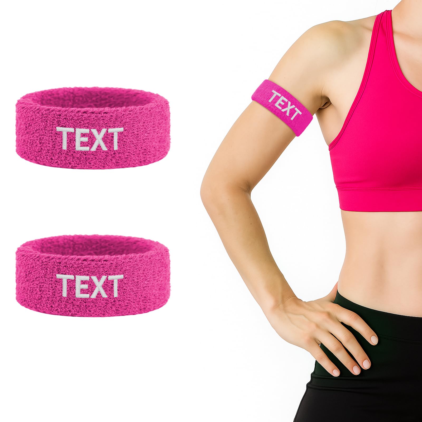 TOPTIE 2 PCS Custom Bicep Bands Armband for Football, Terry Cloth Sweat Wristbands Leg Bands Embroidered with Logo (Pink)