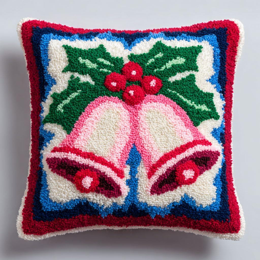 Henypt Latch Hook Cushion Kits, Christmas Bells Latch Hook Pillow Case Embroidery Kits, DIY Needlework Pillow Cover Sofa Cushion Rug Making Kit, 43x43cm