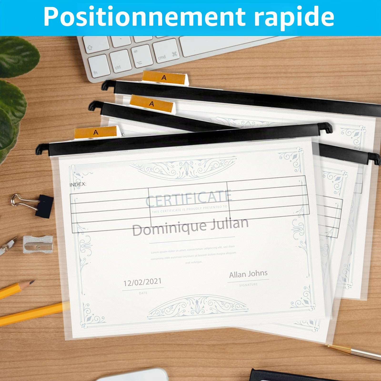 Lot de 20 dossiers suspendus A4 avec onglets et inserts pour cartes, dossiers suspendus transparents A4 pour l'école, le bureau, la bibliothèque, le rangement de documents de bureau