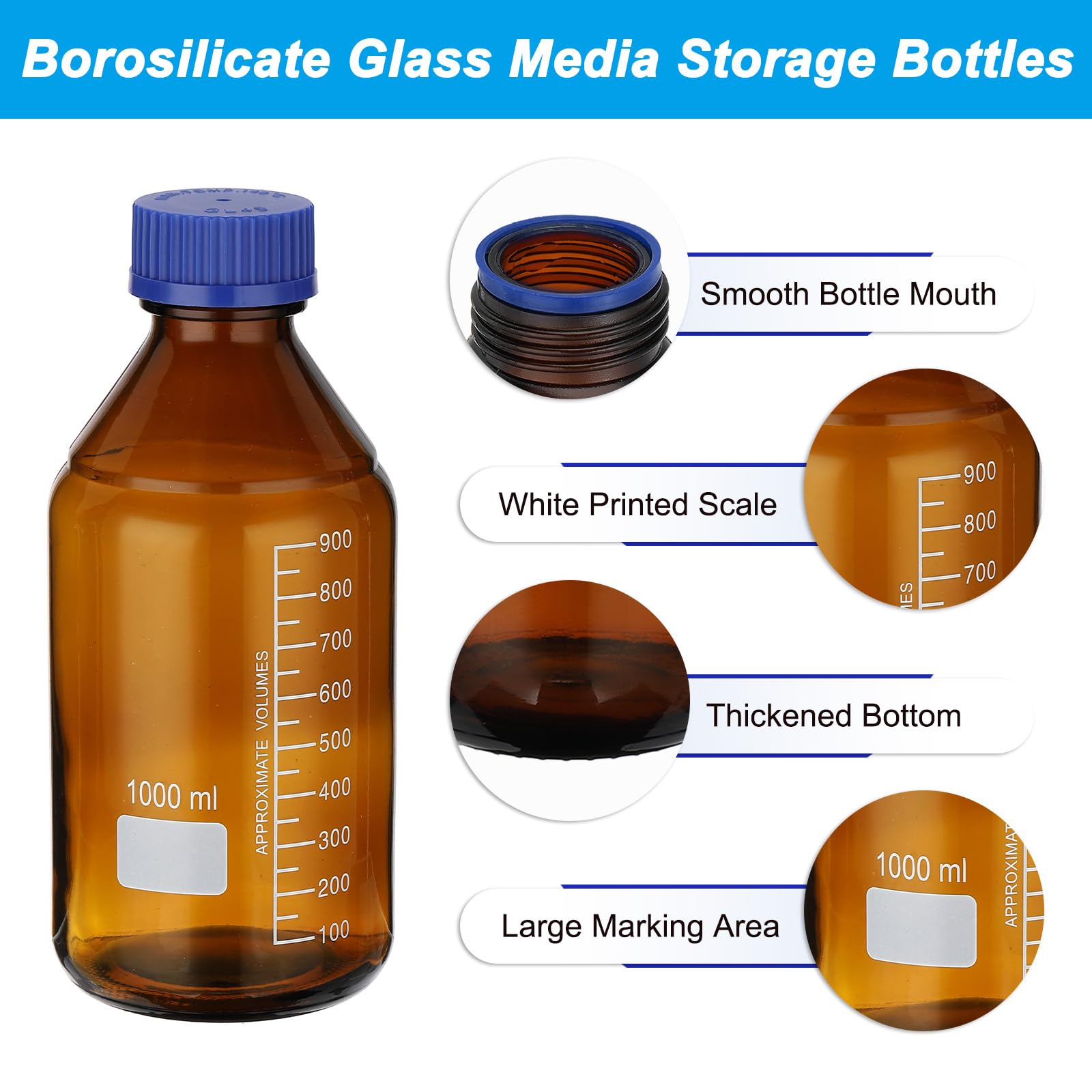 PATIKIL Confezione da 10 bottiglie rotonde per reagenti, in vetro borosilicato, graduate, con tappo a vite GL32 blu, per liquidi reagenti d'acqua di laboratorio, ambrato