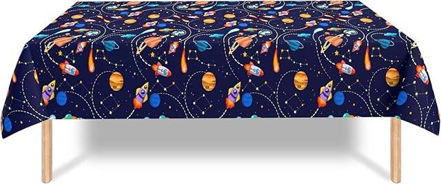 Space Party Table Cloth, Blue PVC Plastic Waterproof Outer Space Tablecloths with Planet Rocket, 53.9*107.9 Inch Thin Disposable Table Cover Decorations for Kids Universe Birthday Anniversary Party