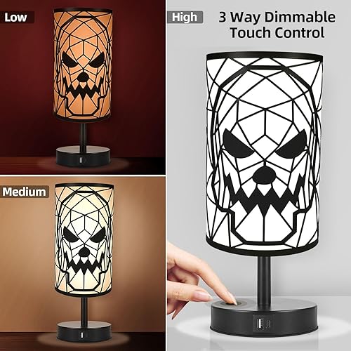 Miniatura 4 de Lámpara de calavera negra con puertos USB C y A de 20 W, lámparas de mesa regulables de 3 vías para decoración gótica del hogar, decoración gótica