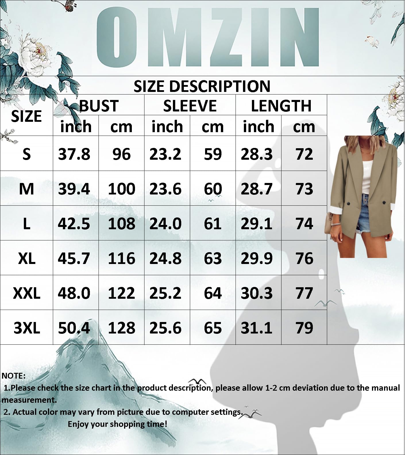 OMZIN Femmes Blazer Business Cardigan Manches Longues Veste Décontractée Coupe Courte Blazer De Bureau