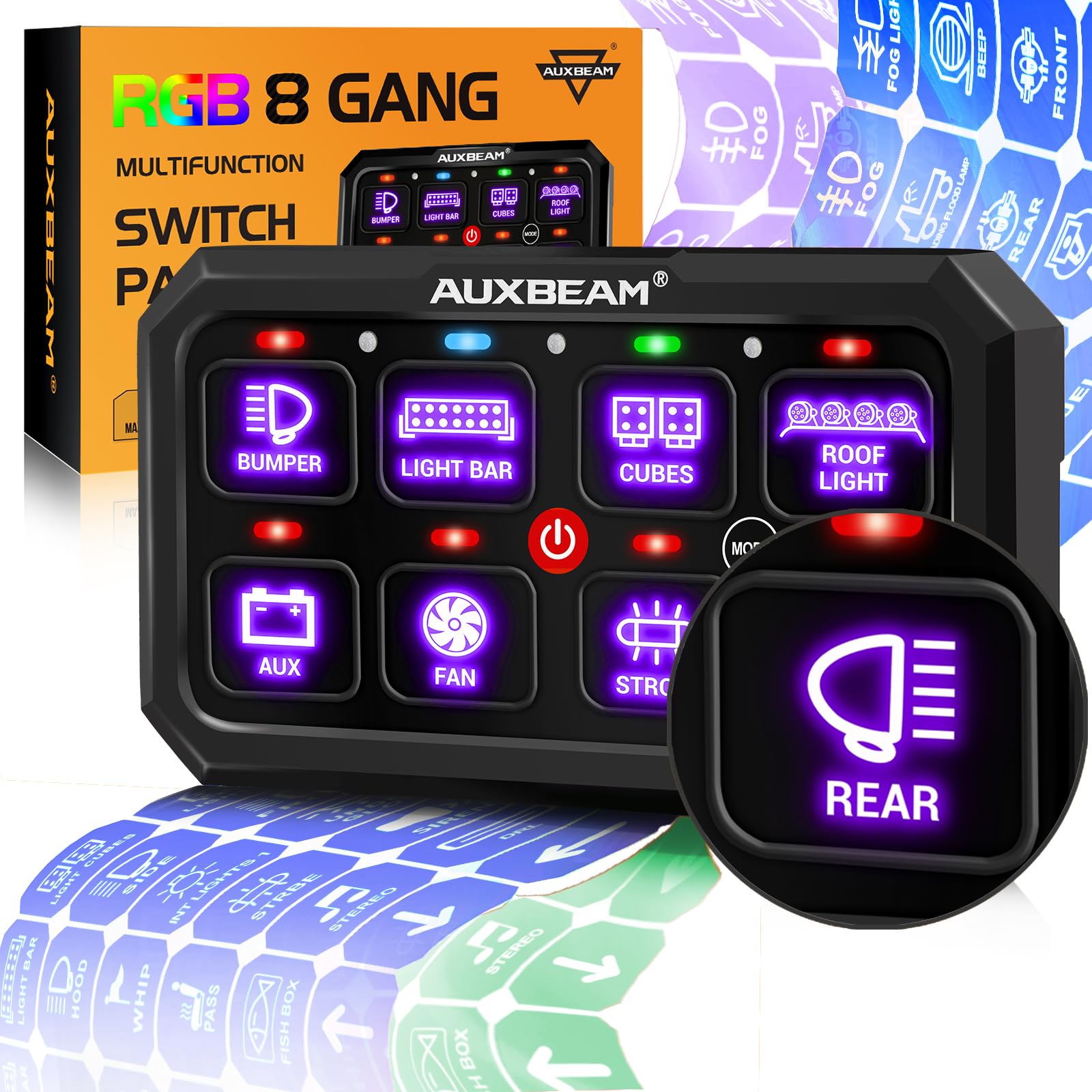 Auxbeam 8ギャングスイッチパネル RB80 RGB Series 8 Gang (RB80) Switch Panel, Toggle/ Momentary