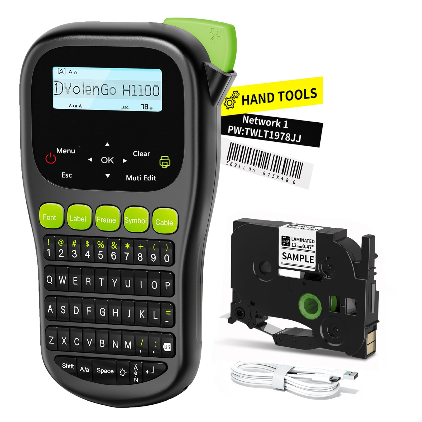 VolenGo H1100 Label Maker, Handheld Backlit Label Maker Machine, with Waterproof White Tape(12mm), Replacement for Brother Label Printer, QWERTY Keyboard & 3 Cable Modes, For Home & Office