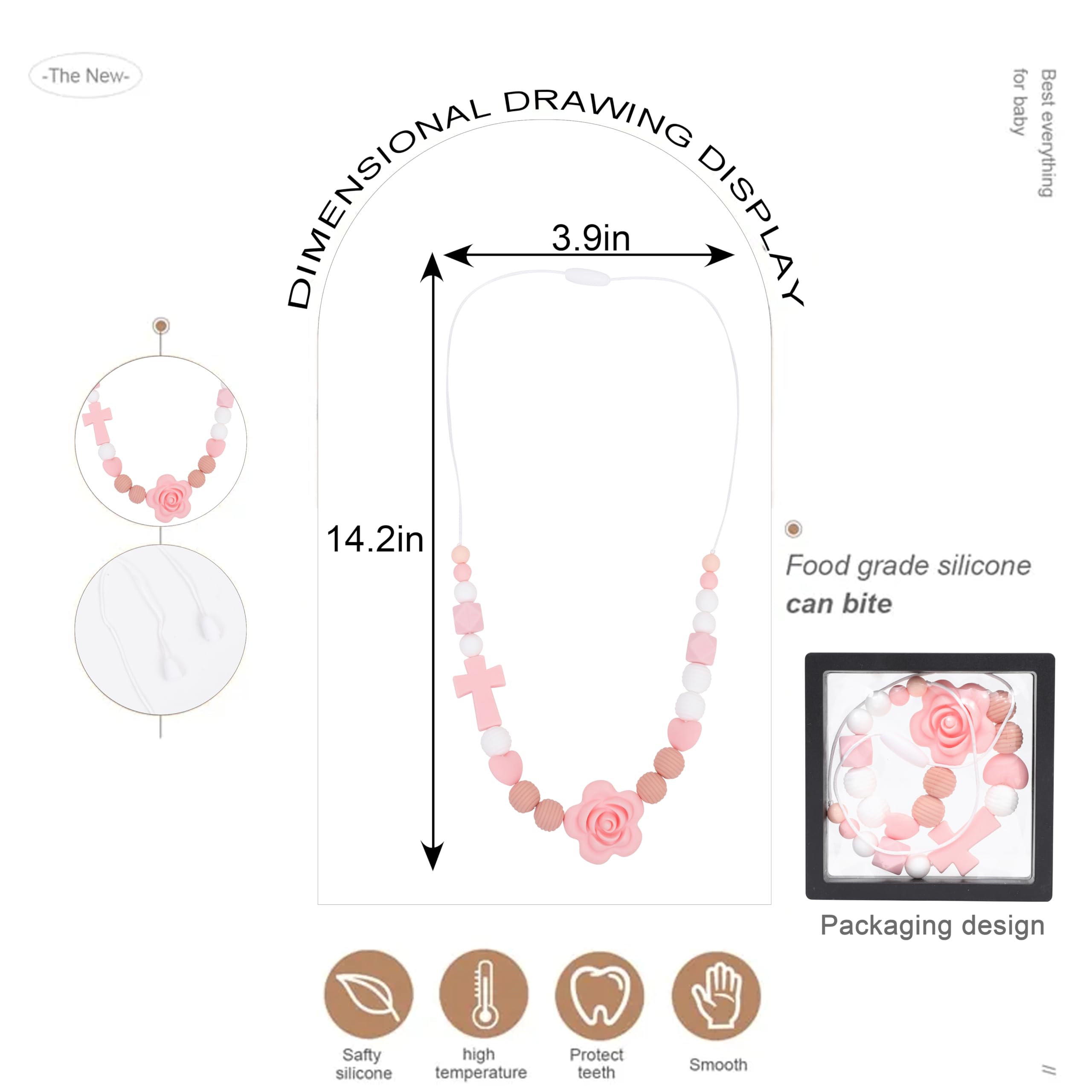 Jissoo Silicone Nursing Necklace - New Mother's Breastfeeding Supplies,Pink Rose Cross Silicone Necklace,Communion Baptism Party Decorations,Newborn Sensory Necklaces Silicone Jewelry