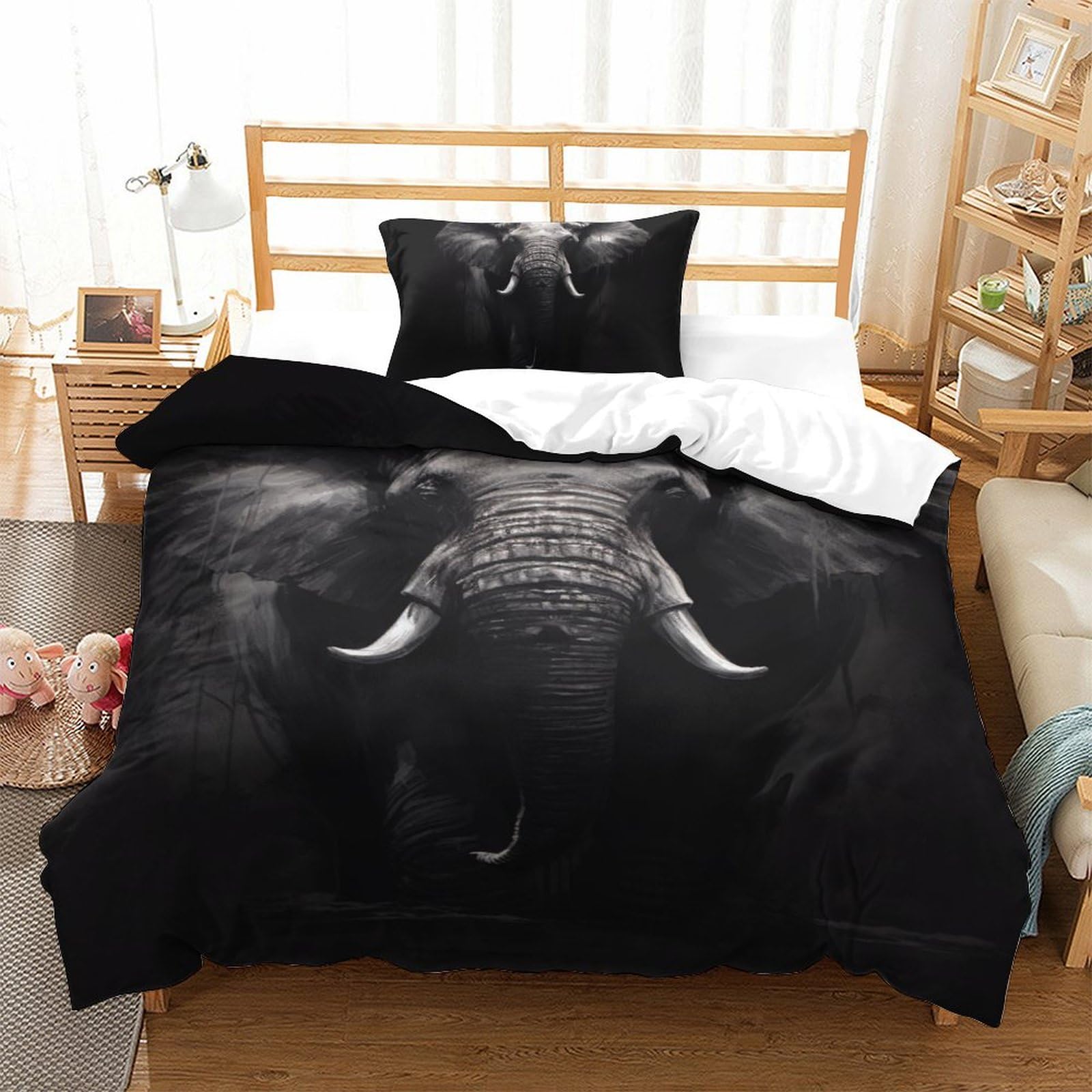 Housse de couette éléphant 3D 135x200cm avec taies d'oreiller pour lit single
