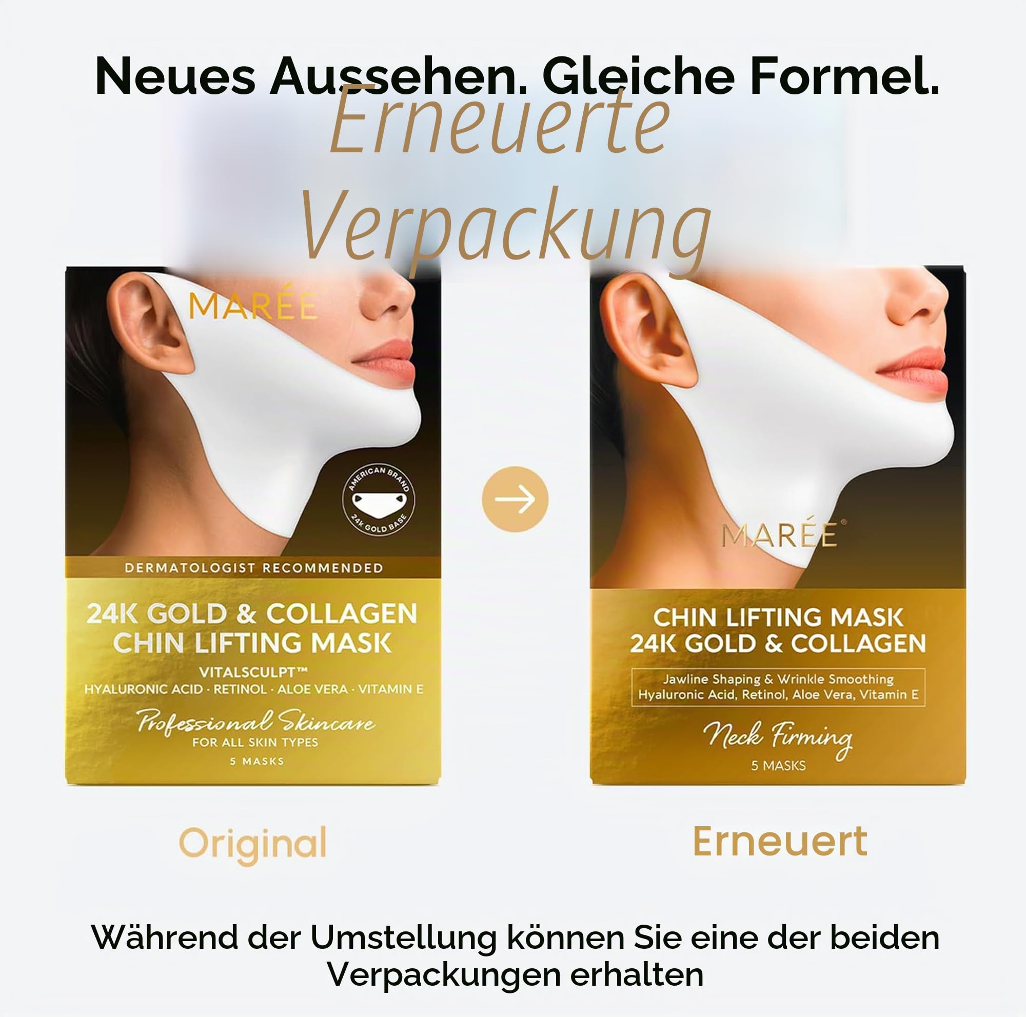 MAREE V Line Lifting Mask with 24K Gold - Deep Collagen Face Mask for Women - Jawline Shaper with Retinol & Hyaluronic Acid - Double Chin & Neck Tightening Mask for Face Lift - 5 PACK