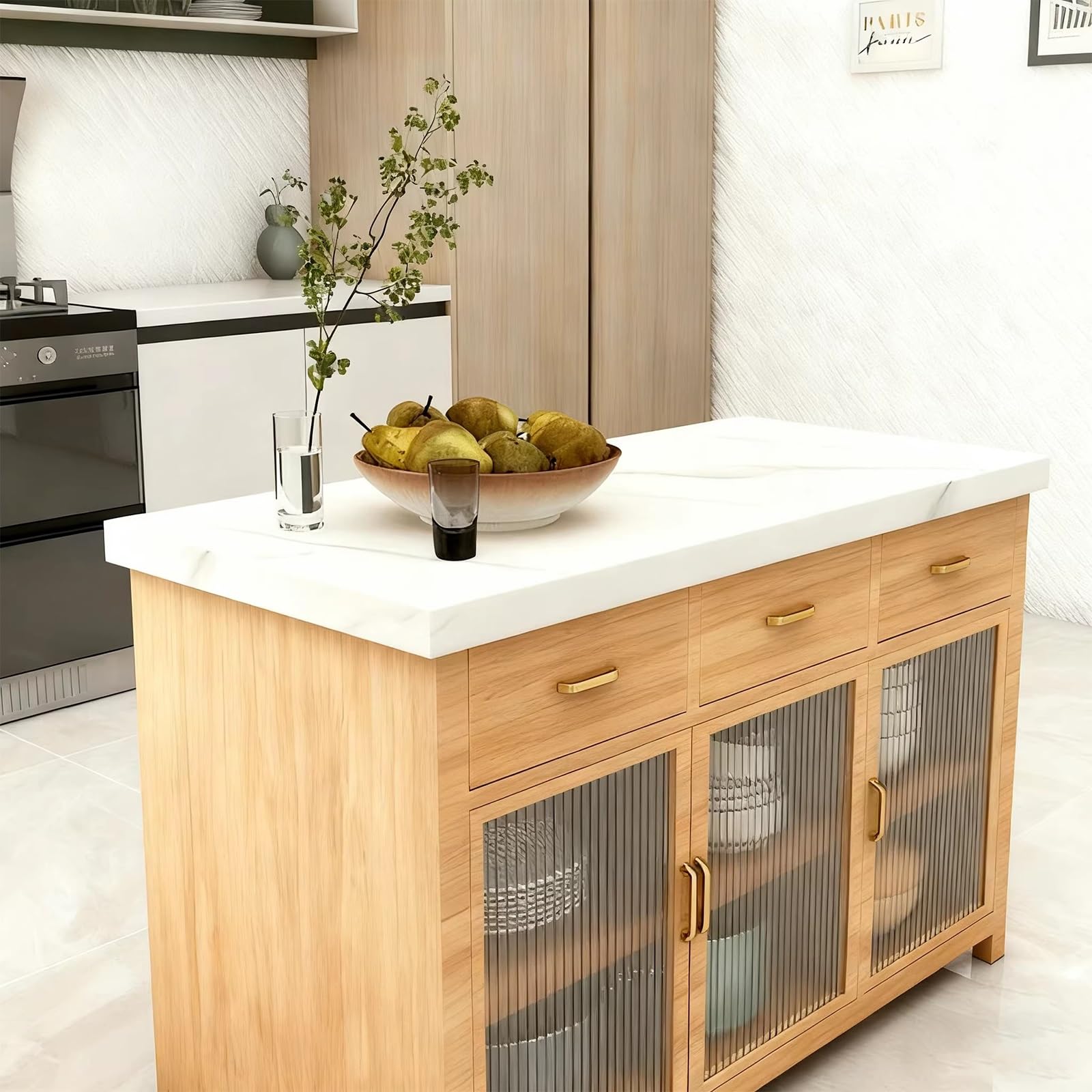 Zf9tBw5sH Unità cucina ad isola Isola cucina con piano in pietra e ante in vetro scanalato. Mobile portaoggetti in legno cassetti