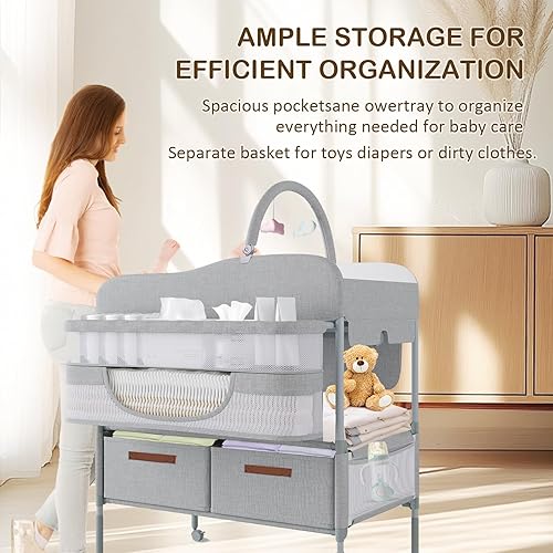 Miniatura 5 de Cambiador de bebé, versátil mesa cambiadora plegable, impermeable, plegable, altura ajustable, móvil, con ruedas silenciosas, 2 cajones, estación de