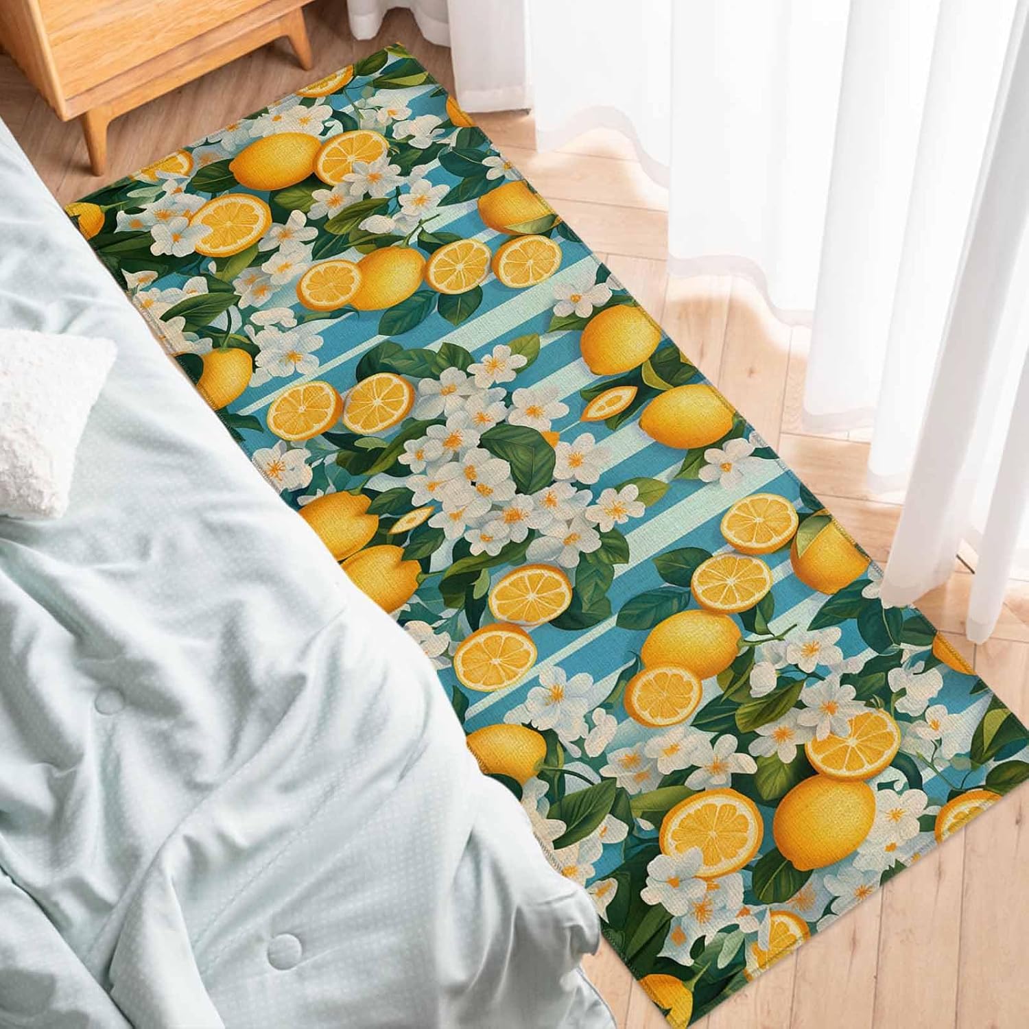2 Pieces Kitchen Rugs and Mats,Summer Farm Yellow Lemon Blue Stripe Area Runner Rug Set Non Slip Floor Doormat Washable Carpet Standing Mat for Kitchen Sink Indoor Corridor,Flower Leaf Rustic Linen