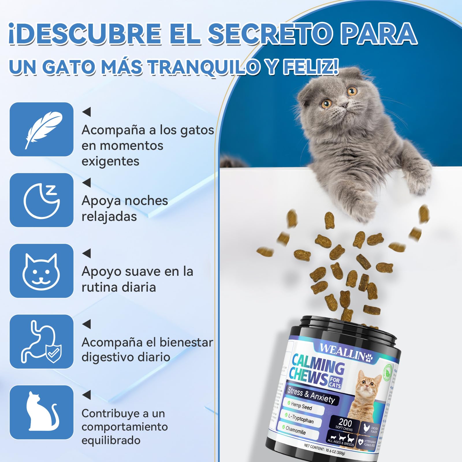 WEALLIN Premios Calmantes para Gatos, 200 Golosinas Naturales para Relajación, Ayuda contra Inquietud, Separación, Visitas al Veterinario, Viajes, Ruidos Fuertes, Pollo para Todas Las Razas