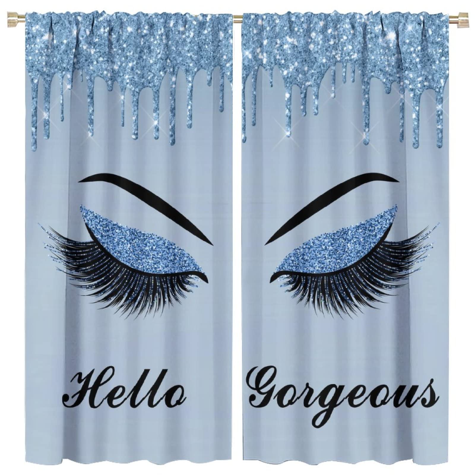Pretty Eyelash Curtain Fashion Abstract Spark Blue Drips (No Glitter) Hello Gorgeous Girls Bedroom Decor for Kitchen Living Room Rod Pocket Blackout