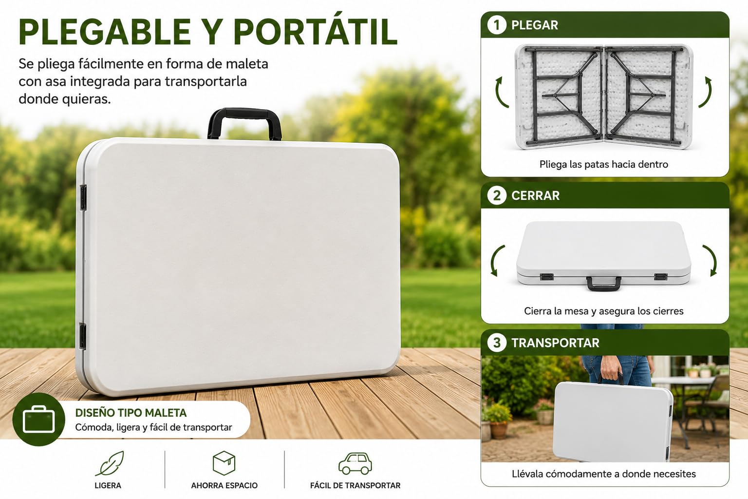 Mesa Plegable 180 cm Blanca con Asa, Mesa Jardín de Resina y Acero, Mesa Catering Portátil Multiusos para Camping, Picnic, Eventos, Terraza e Interior 180x70x74 cm