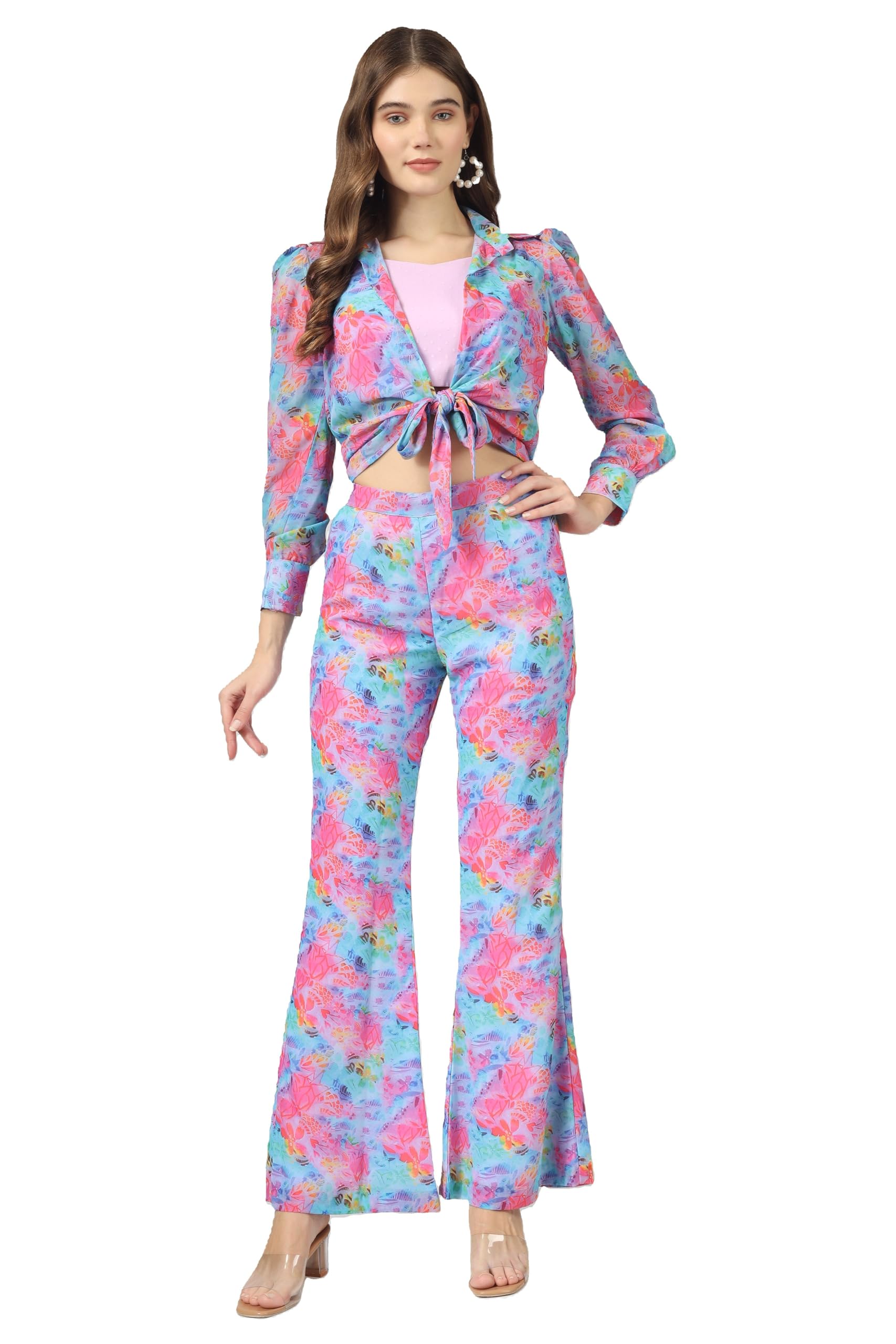 wownoon Floral Print 3Piece Co-ord Set, Tie-Front Crop Top with Bell Bottom Pants, (IN, Alpha, M, MULTI COLOR)-picture-42