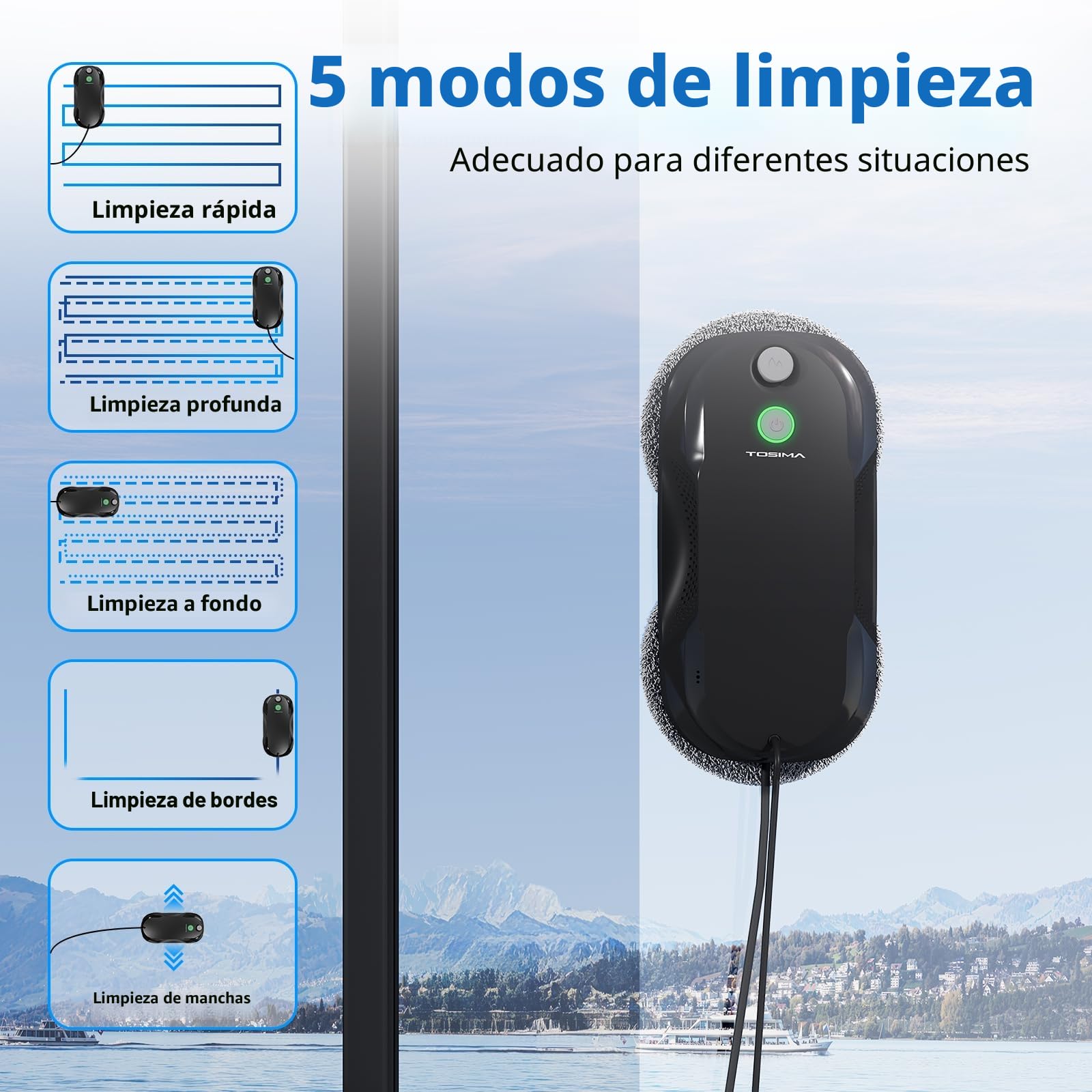 Tosima W5 6400 Pa Robot de Limpieza de Ventanas, pulverizador ultrasónico Doble, Limpiador de Cristales automático, Control Remoto, 20 paños de Microfibra (Rojo)