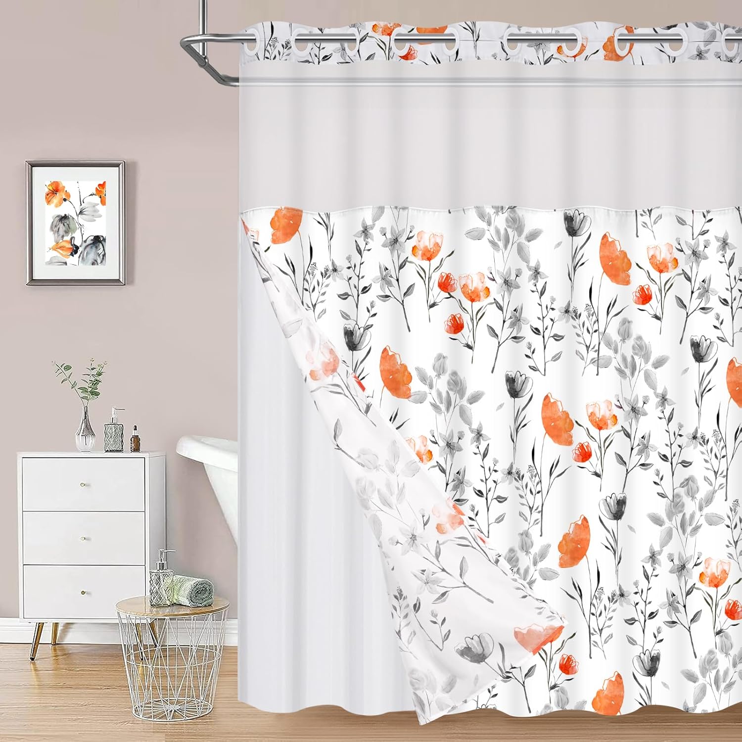 Alishomtll No Hook Shower Curtain with Snap in Liner