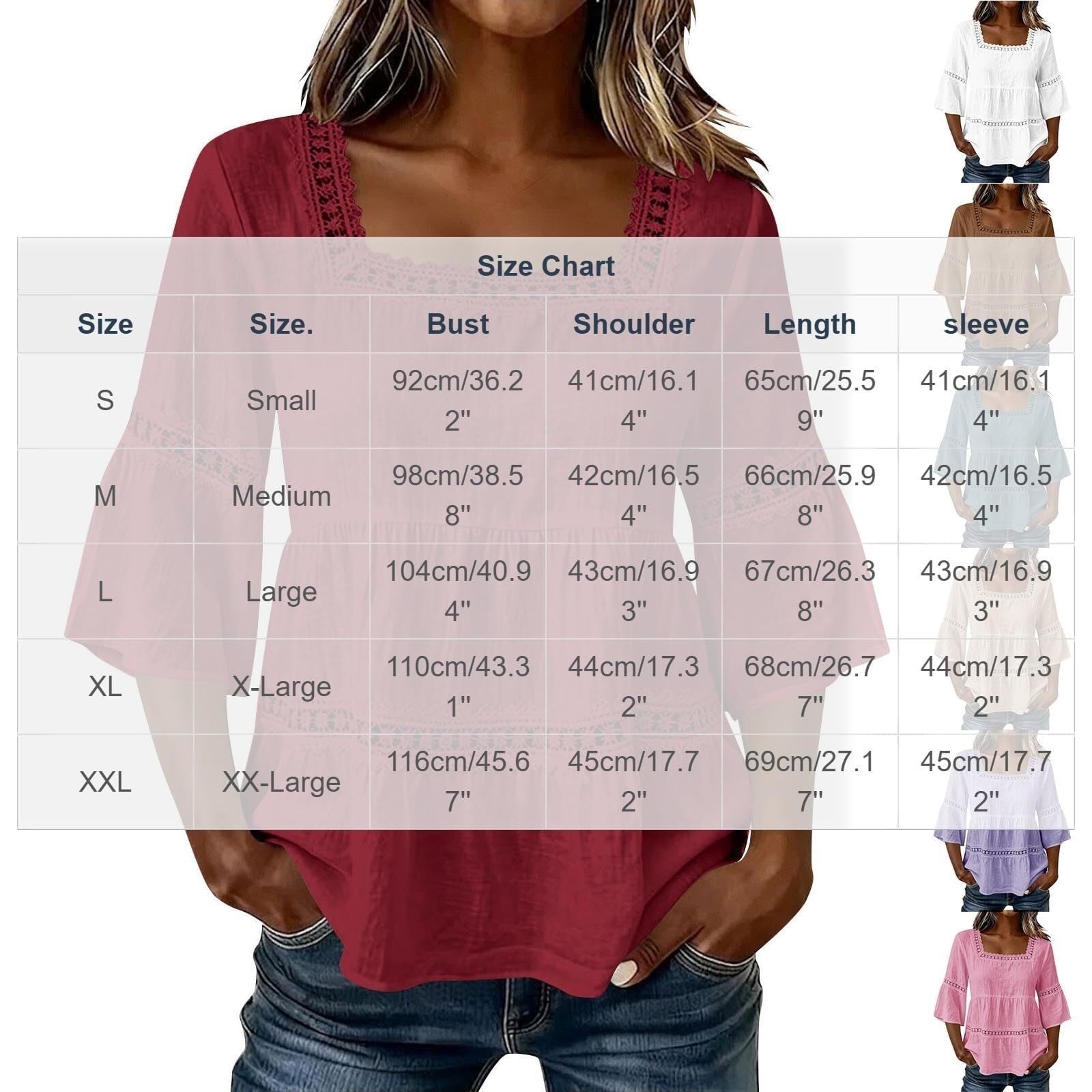 Camicetta da donna con maniche a 3/4, in lino, scollo quadrato, in pizzo, da spiaggia | Materiale arioso in cotone e lino, elegante scollo quadrato, dettagli in pizzo femminile