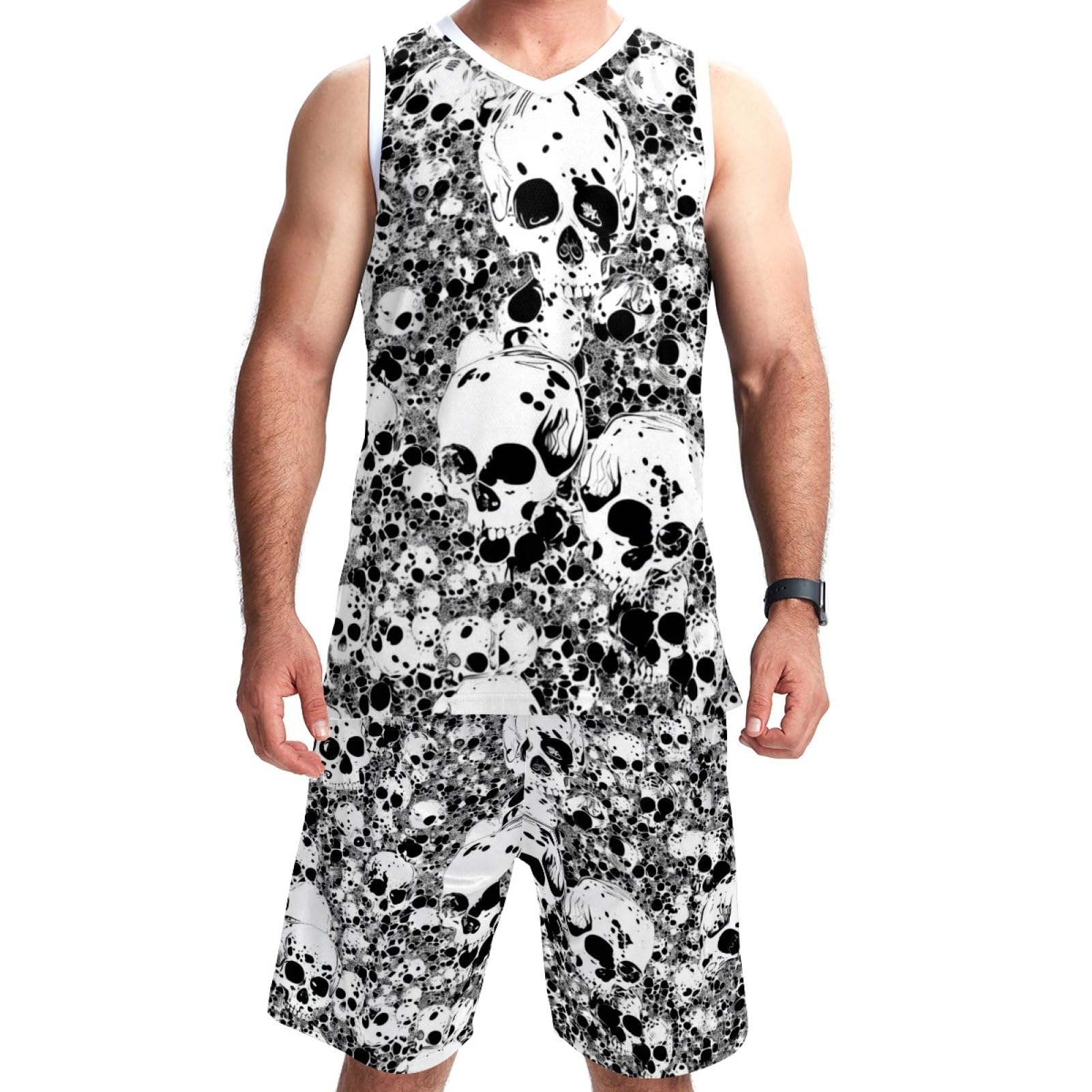 Basketballanzug für Herren, mit Taschen, Sportbekleidung für Herren, Teenager, Teamuniform, schwarz-weißes Skelett, Größe 5XL
