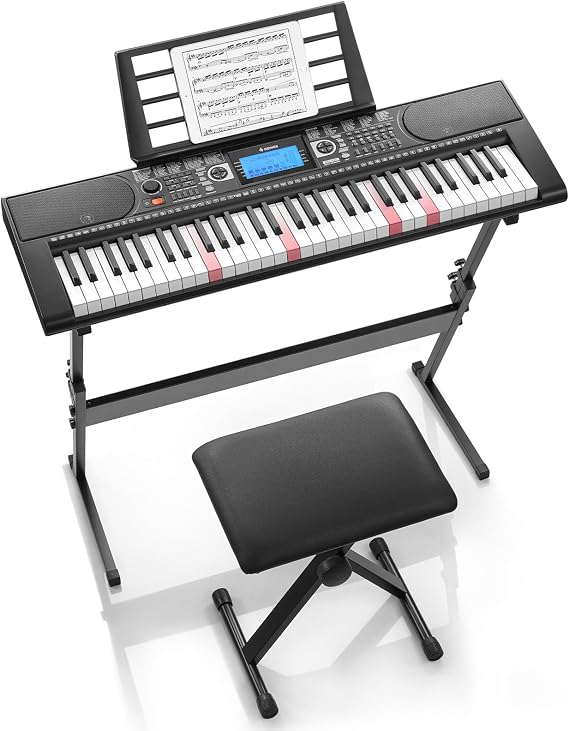 Donner 61 Key Keyboard Piano, Electric Piano Keyboard Set with Lighted Keys, LCD Display, 300 Tones & 256 Rhythms, Z-Stand, Bench, Learning Modes, Complete Kit for Beginners, Black(DEK-630)
