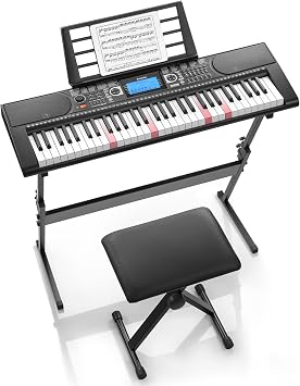 Donner 61 Key Keyboard Piano, Electric Piano Keyboard Set with Lighted Keys, LCD Display, 300 Tones & 256 Rhythms, Z-Stand, Bench, Learning Modes, Complete Kit for Beginners, BlackDEK-630