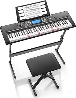 61 Key Keyboard Piano, Electric Piano Keyboard Set with Lighted Keys, LCD Display, 300 Tones & 256 Rhythms, Z-Stand, Bench, Learning Modes, Complete Kit for Beginners, Black（DEK-630）