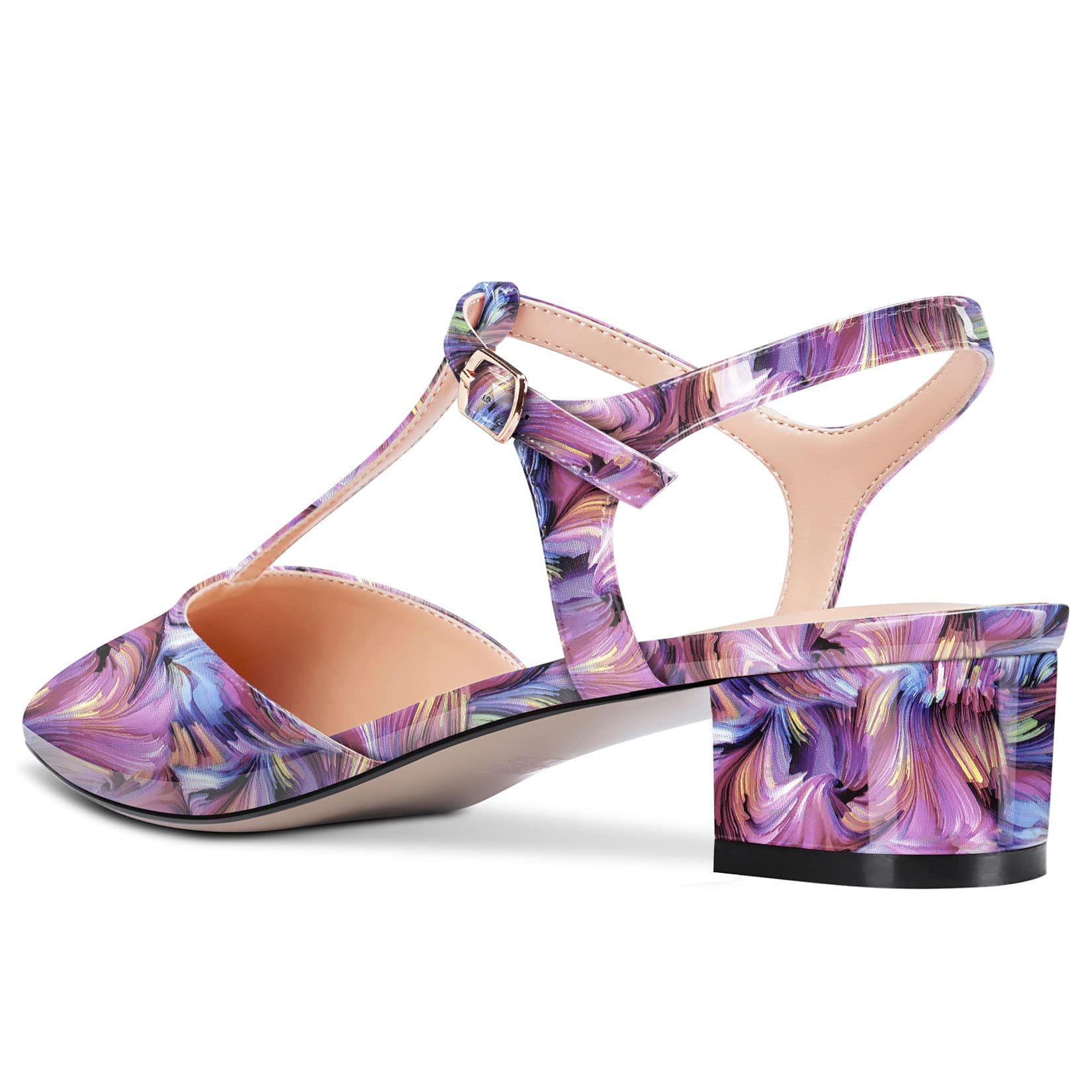 HEUIVZAR Donna T-strap a Punta Pumps Sandali Basso Blocco Chunky Tacco Heel Cinturino alla Caviglia Slingback Verniciata Dress Scarpe 3.5 CM