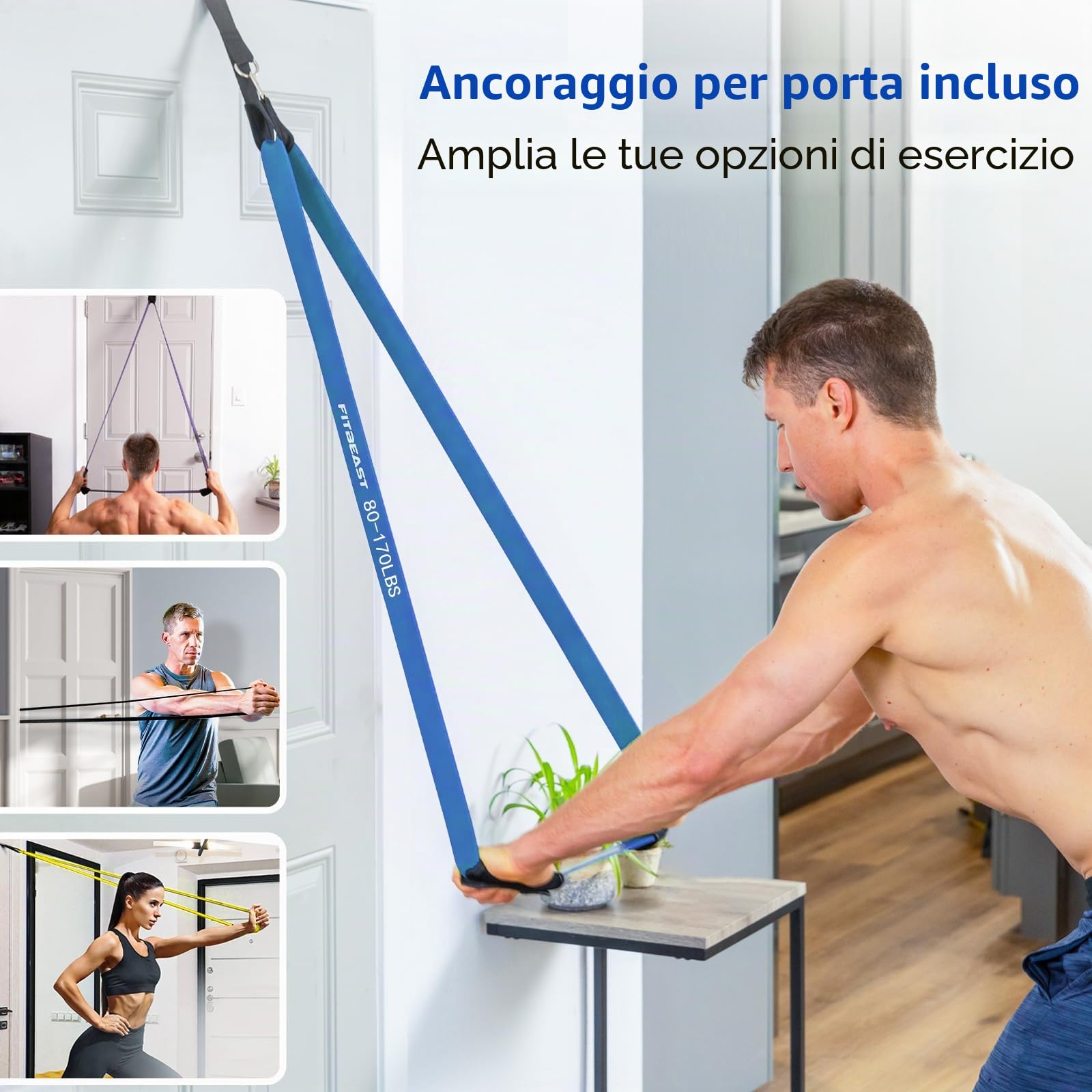 FitBeast Set di fasce di resistenza, 5 livelli per sollevamento pesi, costruzione muscolare, allenamento in palestra a casa, stretching, fasce elastiche con ancoraggio alla porta