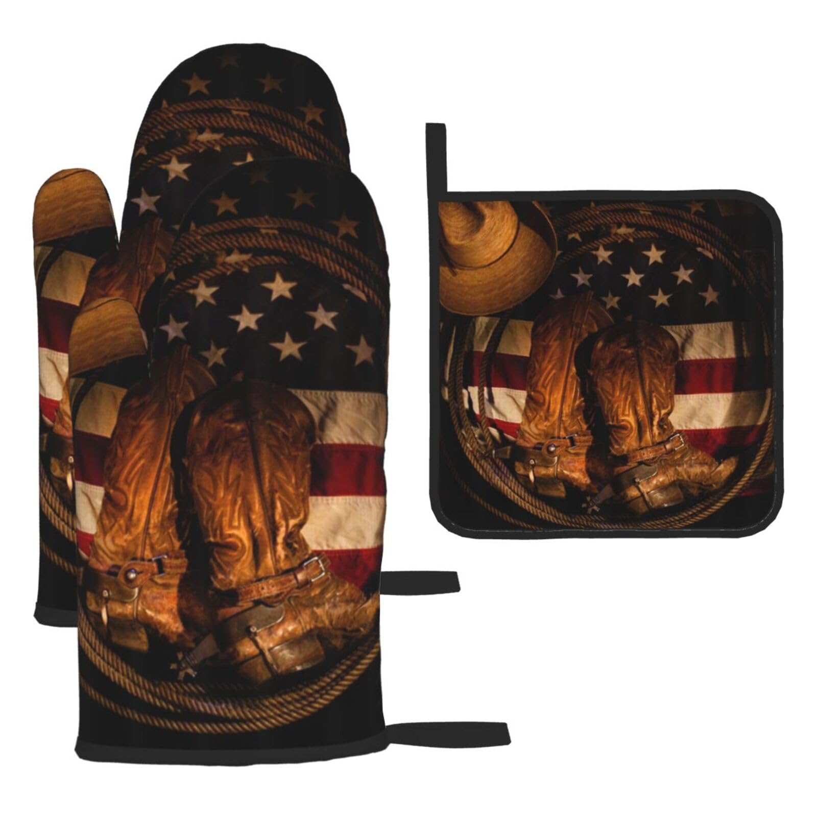 American Flag With Cowboy Boots Print Oven Set Kitchen Gloves Baking Grilling Microwaving Cooking Gift Everyday Holiday