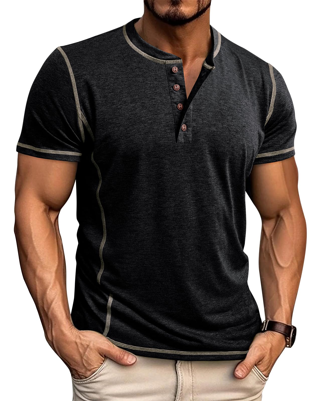 LAOARA T Shirt Uomo Maglietta Manica Lunga Cotone Slim Fit Henley Tshirt Maglia Bottone Magliette M-2XL