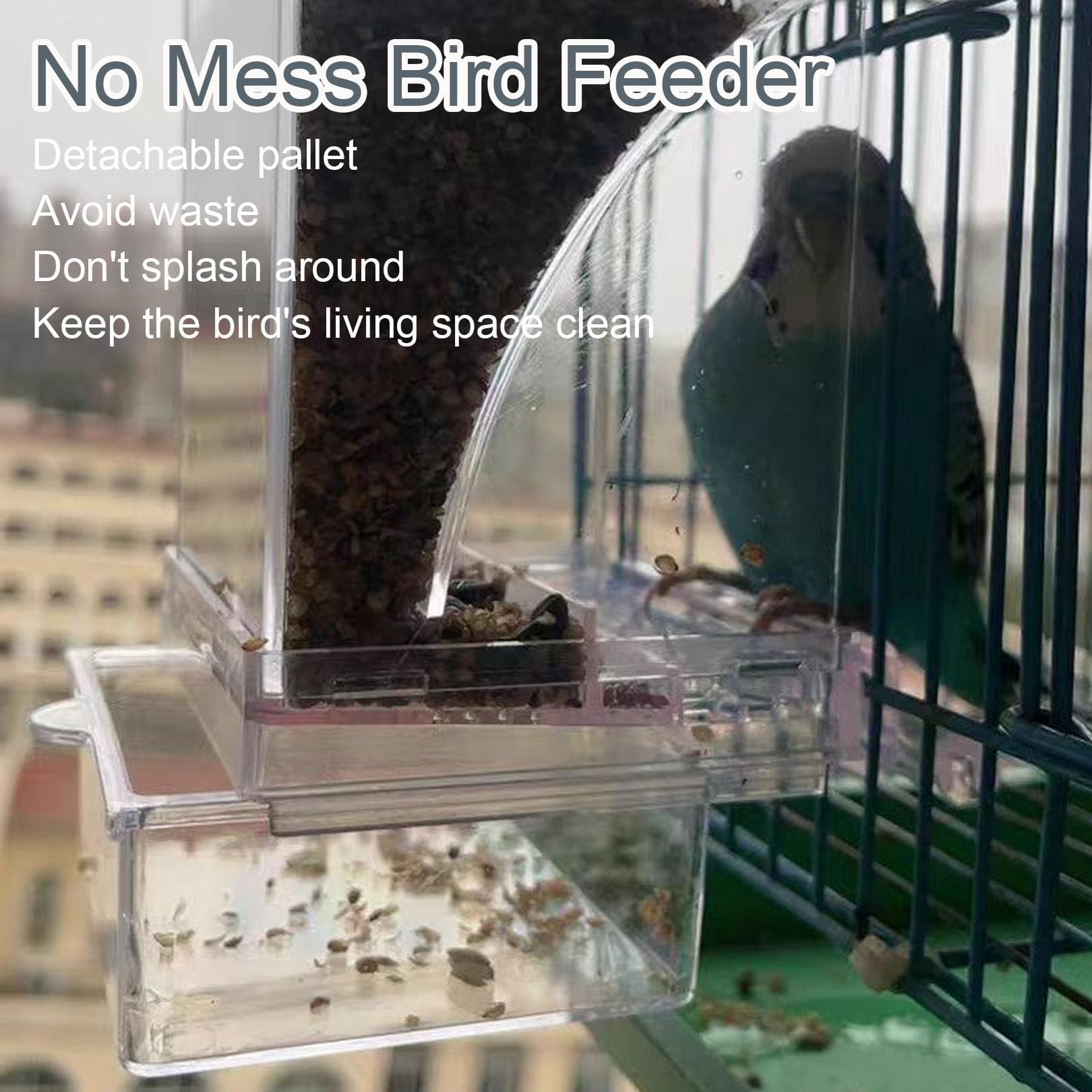Juego de dispensador de agua para pájaros sin ensuciar, alimentador automático transparente para loros, contenedor de alimentos de acrílico, accesorios para pájaros pequeños, periquitos canarios,