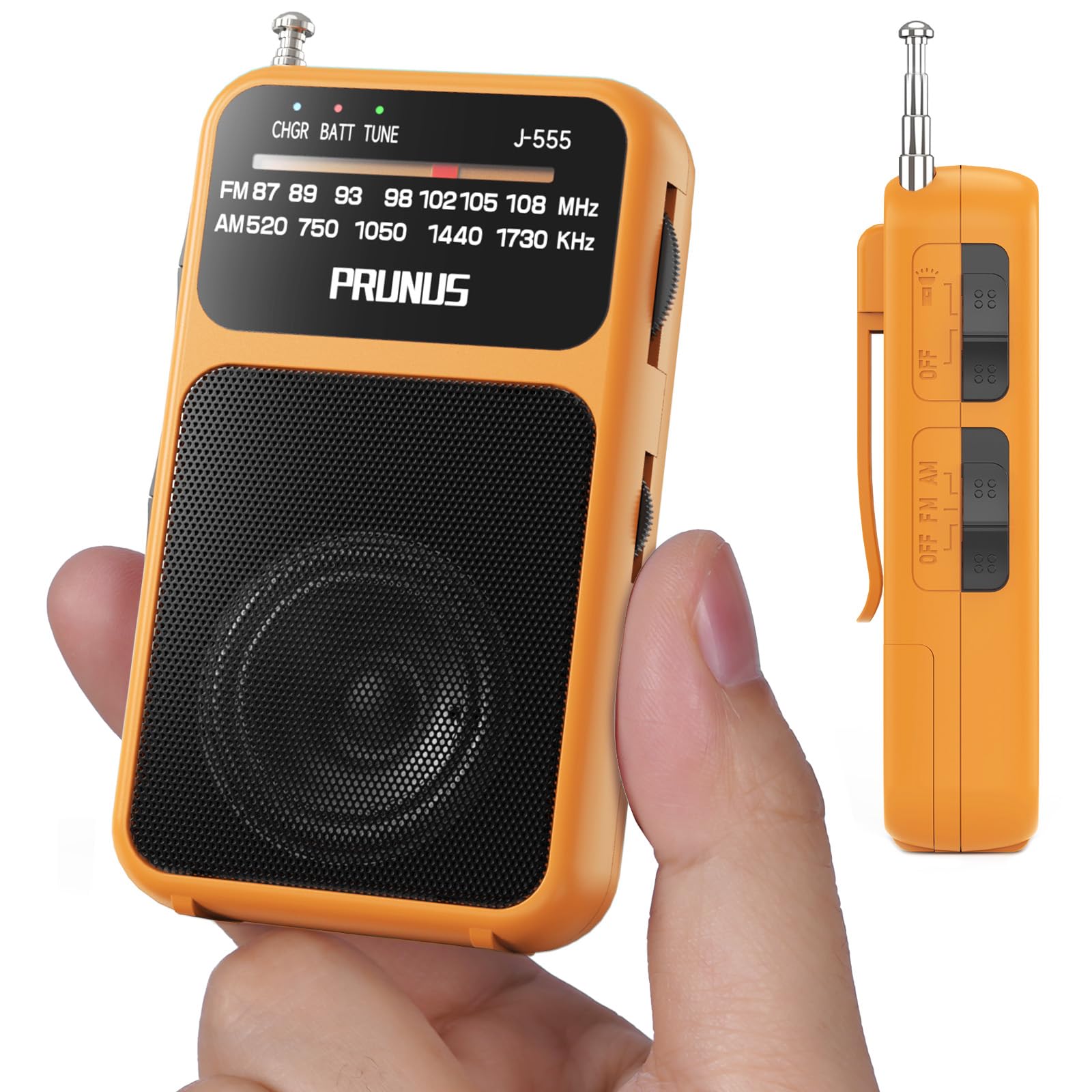 PRUNUS J-555 Pocket Radio AM FM USB-C Charging& Battery Operated, Excellent Reception& Clear Speaker and Headphone Jack, Back Clip, Flashlight, Transistor Radios, Portable Radio AM FM, Mini Radios