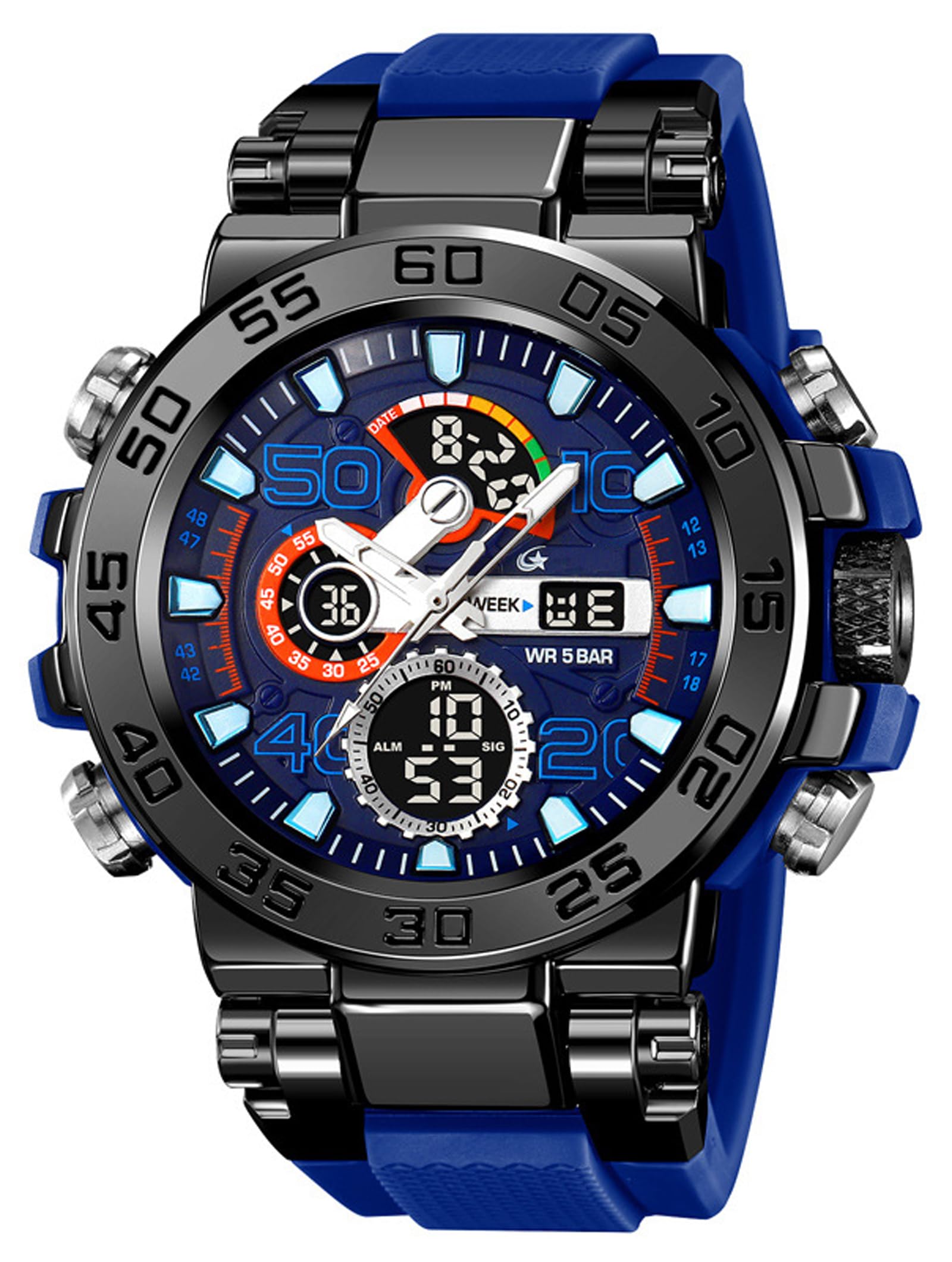 findtime Orologio da uomo sportivo militare, impermeabile, digitale, analogico, tattico, per attività all'aperto, con grande viso, doppio fuso orario, LED luminoso, sveglia e cronometro