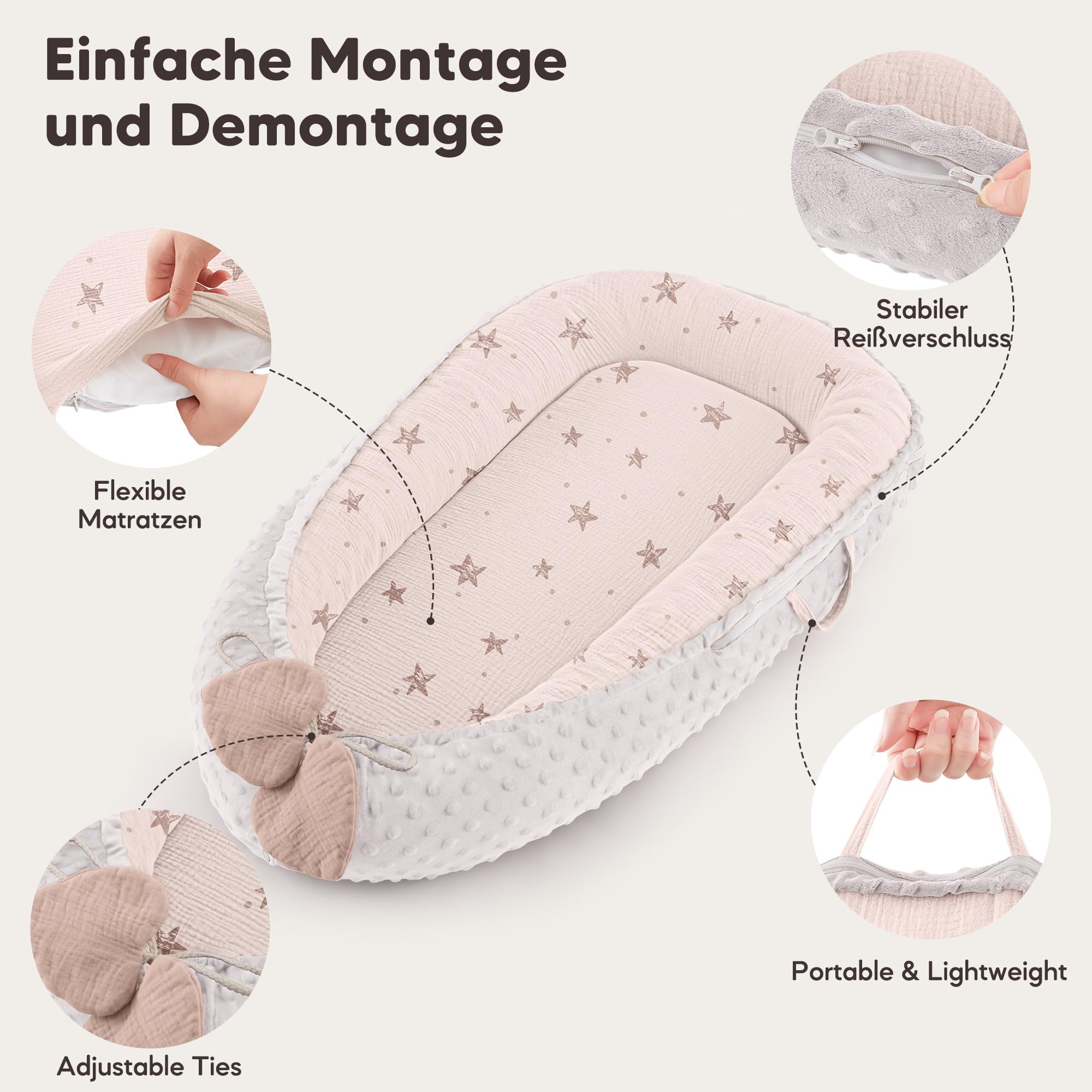 Bearmoss Baby Nido bebé recién Nacido 90x50 cm - Reductor Cuna Cuco de colecho Minky Winter cálido Capullo Ideal para moisés(Estrella Rosa)