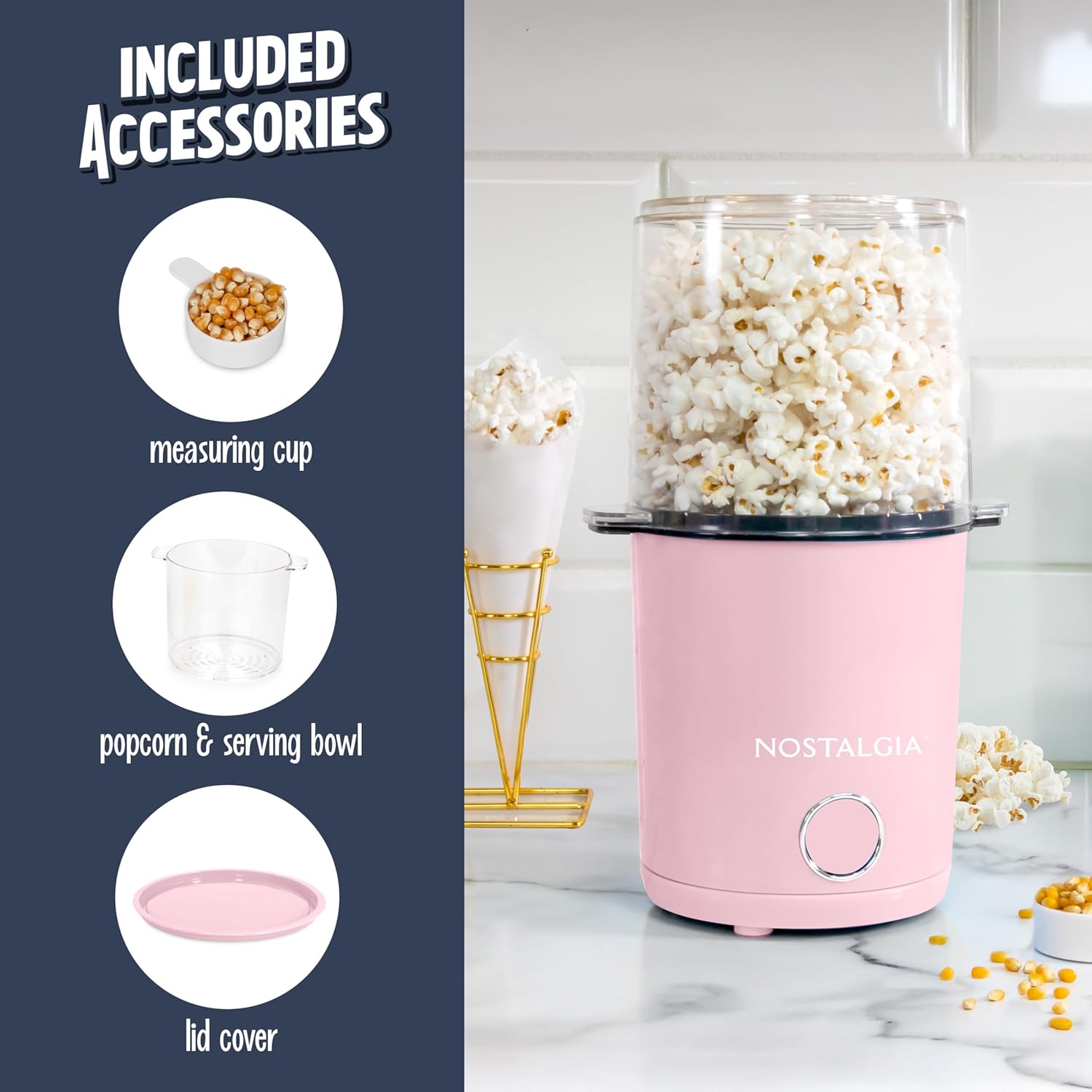 Nostalgia 8-Cup Hot Air Popcorn Maker & Bowl - 2-In-1 Bowl & Lid, 2 oz Measuring Cup - Oil-Free Pop Corn for Movie Night, Snacks, Birthday Parties, and More - Pink