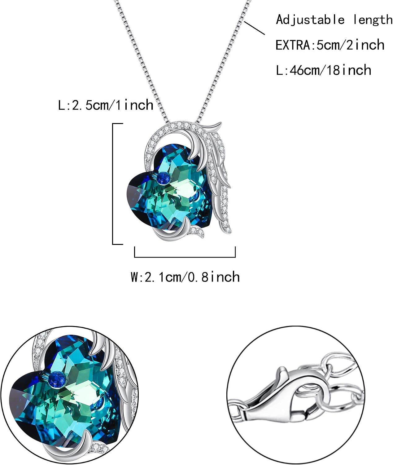 Ever Faith Love Heart Pendant Necklace Embellished with Bermuda Blue Swarovski Crystal Angel Wing Heart Jewelry Mothers Day Jewellery Gifts - Image 5