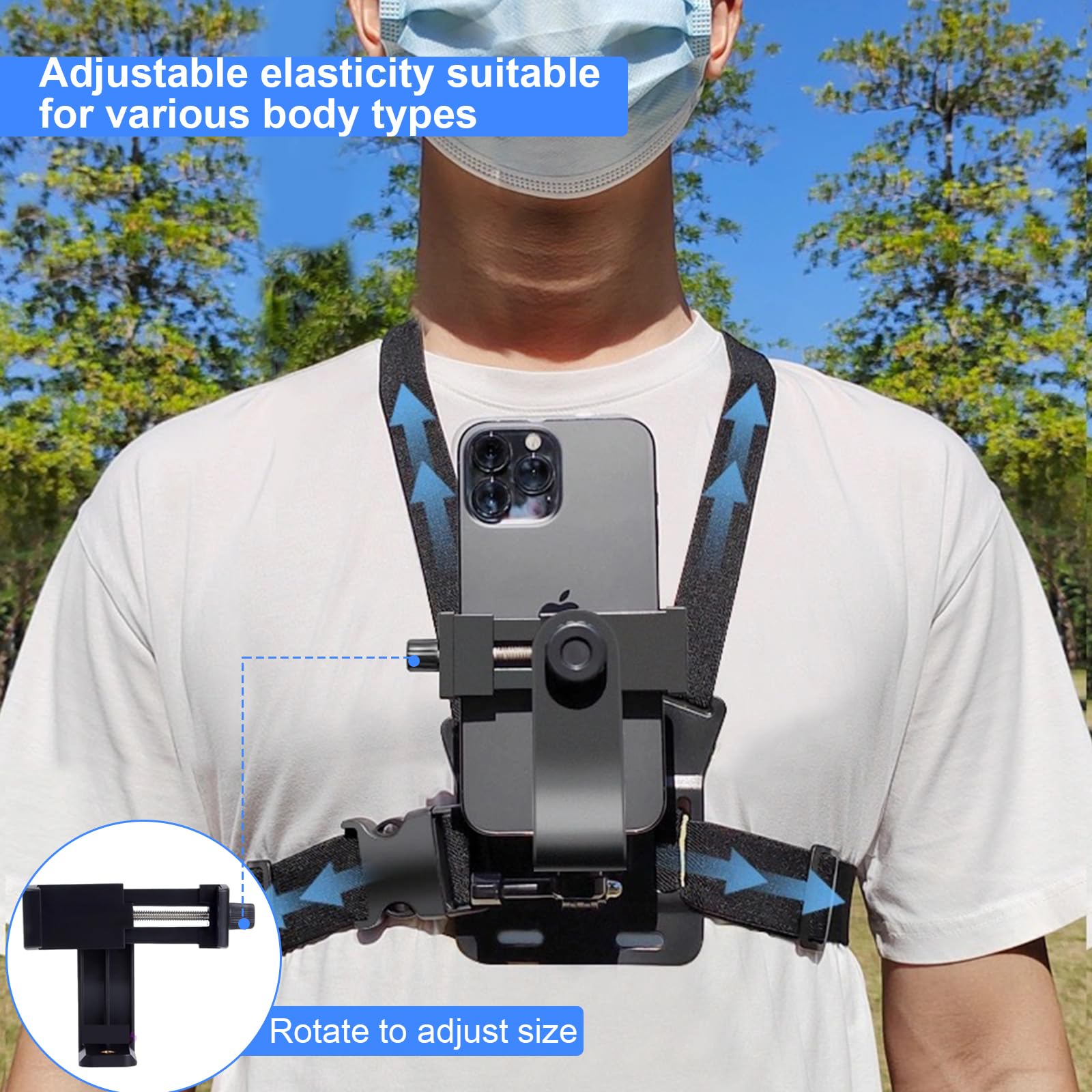 Multifuncional Soporte Movil Pecho, Pecho Pechera para Grabar con el Movil, Accesorios Camara Deportiva Adecuado para Ciclismo, Motocicleta, Esquí y Otros Vídeos Deportivos