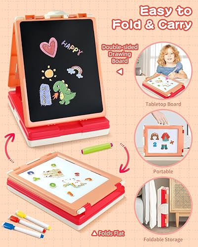 Miniatura 2 de Caballete de mesa para niños, caballete de arte plegable para niños, caballete de doble cara para niños con pizarra y pizarra magnética de borrado