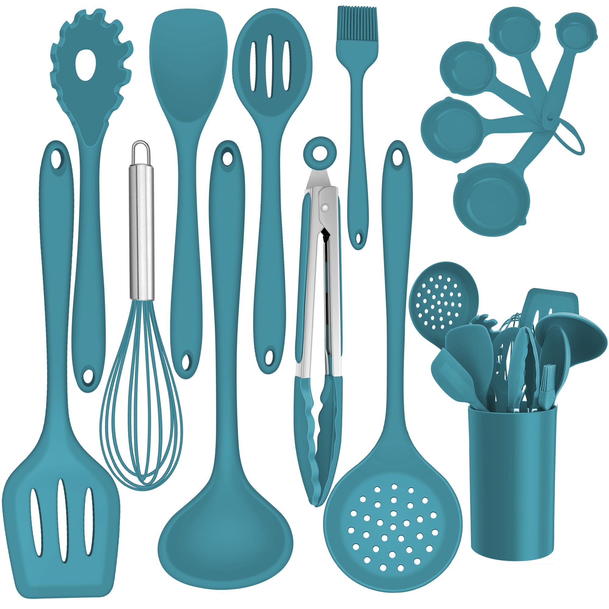 Set Di 15 Utensili Da Cucina In Silicione - Con Portautensili, Antiaderente E Resistente Al Calore - Foto 11