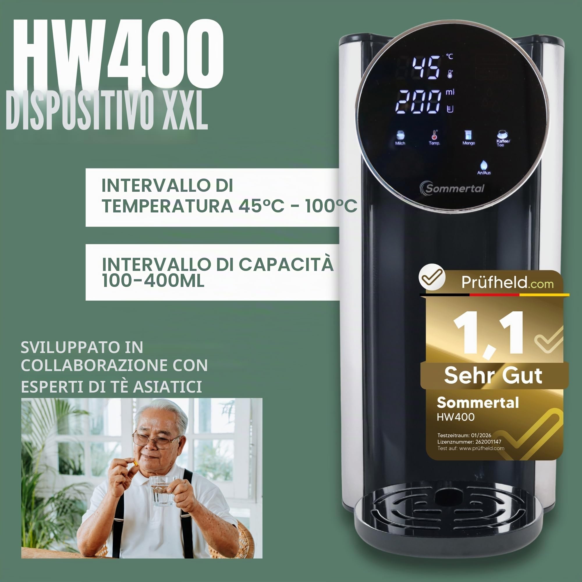Sommertal HW400 - Dispenser di acqua calda Businessline, versione XXL con serbatoio da 4 l, acqua calda istantanea 45-100 °C, display touch, alimenti per bambini
