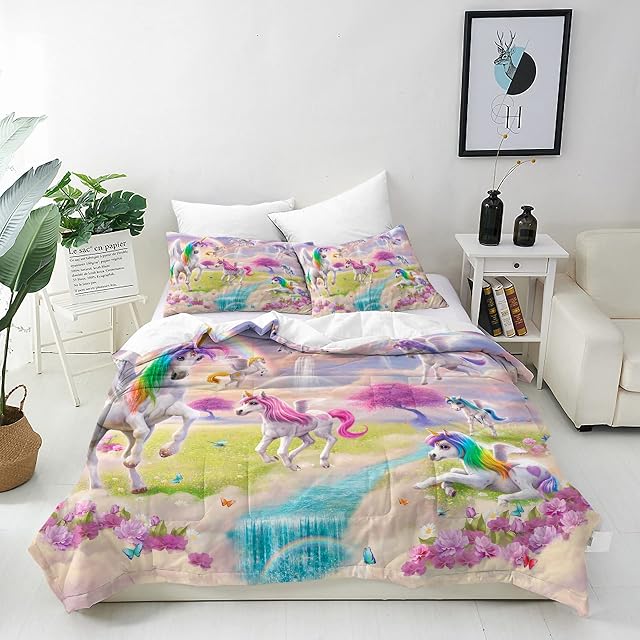 ANHOPE Rainbow Unicorn Duvet Cover Set Soft Lightweight Microfiber 3 Piece Bedding Set with 2 Pillowcase Floral Butterfly Print Pattern Kids Girls Quilt Cover with Zipper Closure Single