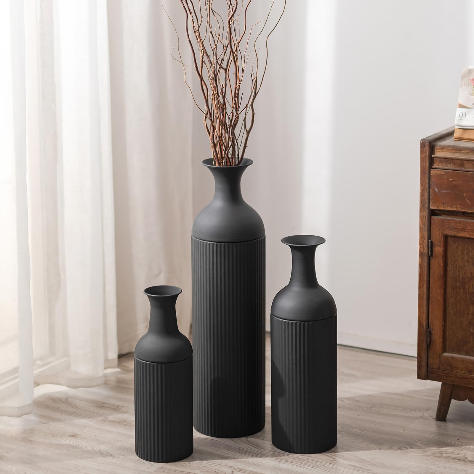 Sziqiqi Jarrones Altos de Suelo Negro: Jarrón Grande para Suelo para Sala 68/51/41cm - Moderno Jarron de Suelo Juego de 3 - Metal Gigante Florero de Suelo para Piso Dormitorio Chimenea Esquina