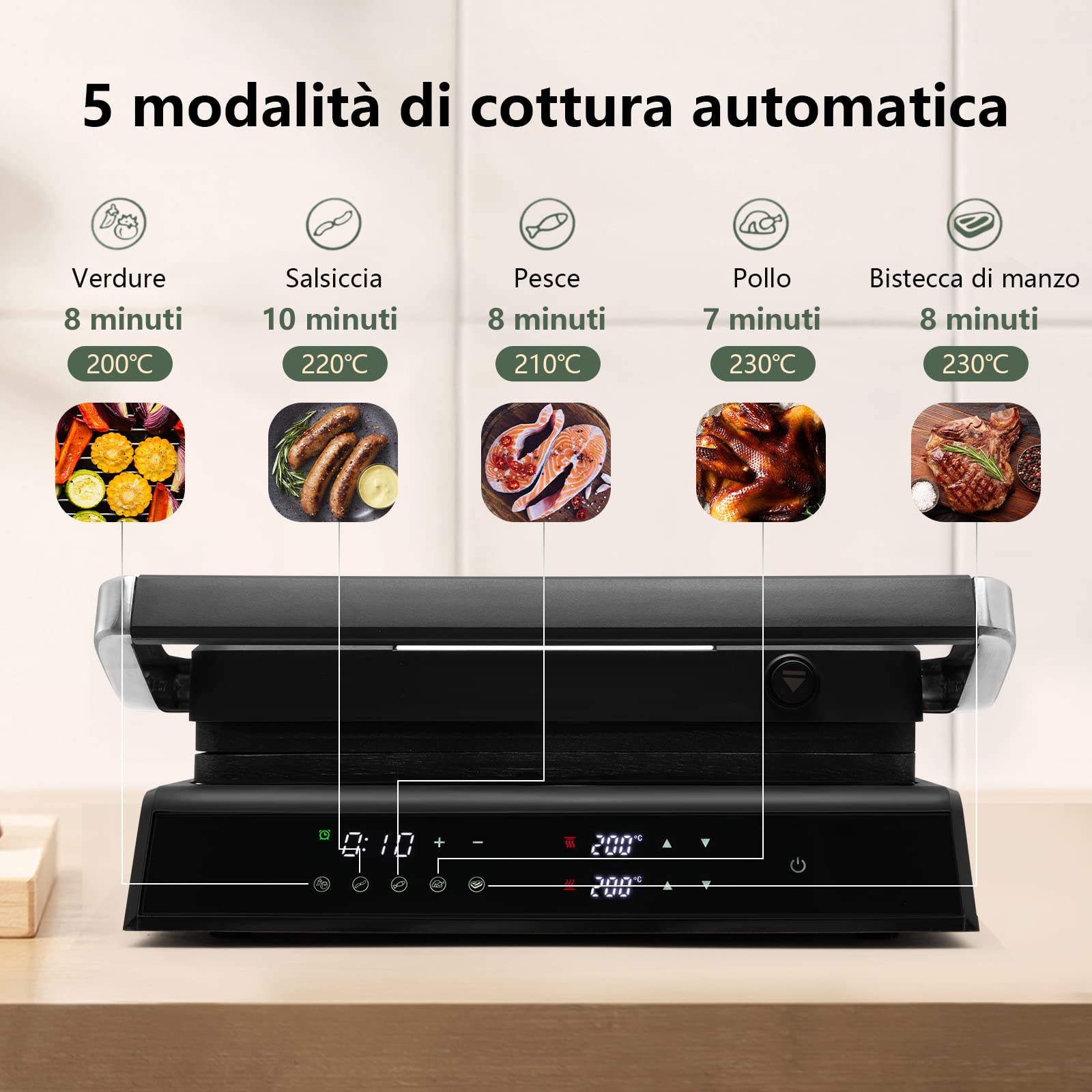 RELAX4LIFE Piastra Elettrica 2000W, Bistecchiera Elettrica con Piastre Antiaderenti e Rimovibili, 5 Modalità Automatiche, Cottura Bifacciali 90° a 230°, Timer 0-4 H, per Panini e BBQ